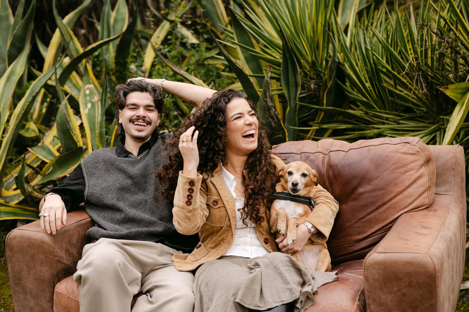 Newly engaged couple with their dog Kinder after a Lisbon proposal