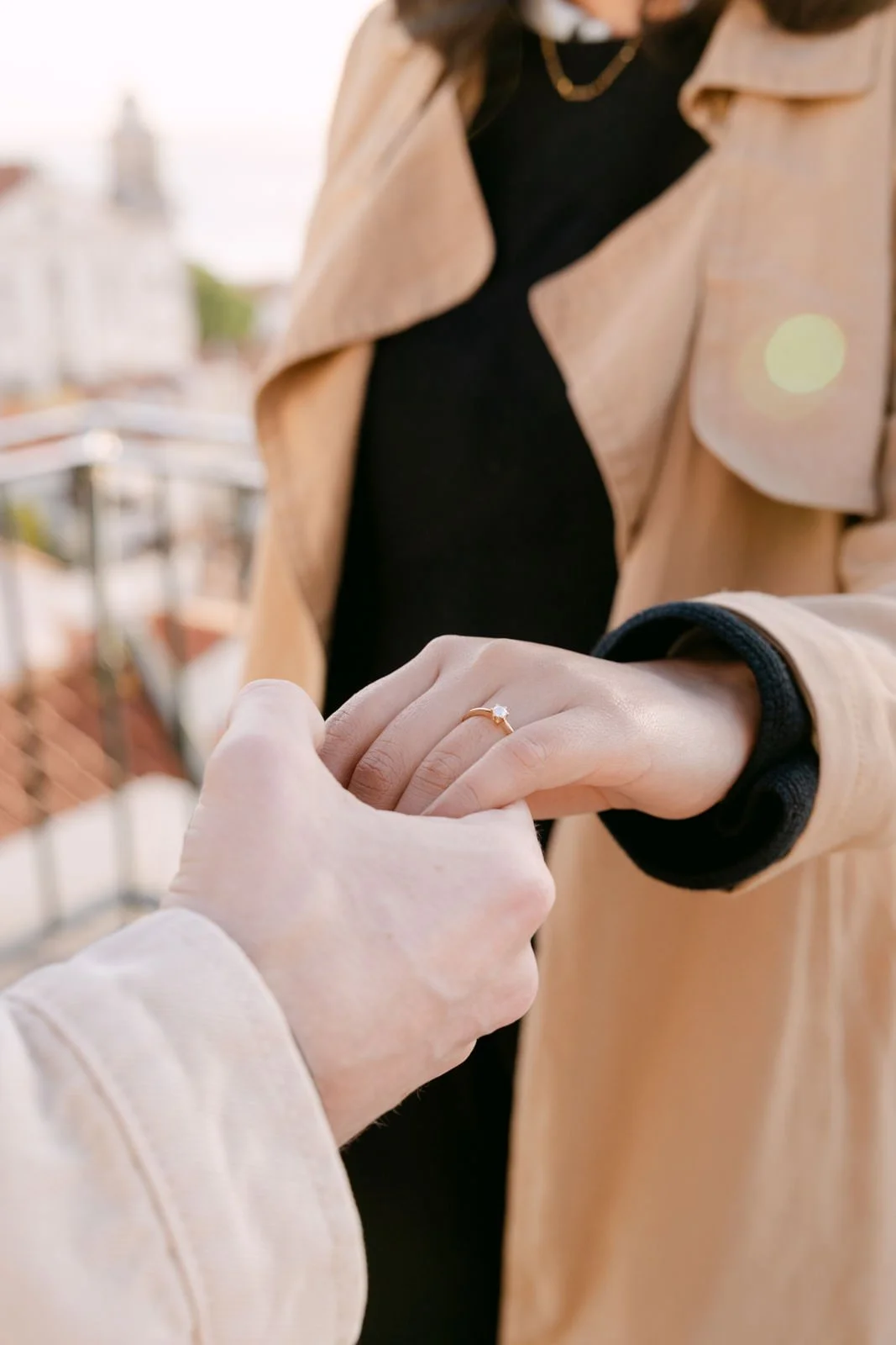 Close-up of engagement ring after a surprise proposal in Lisbon