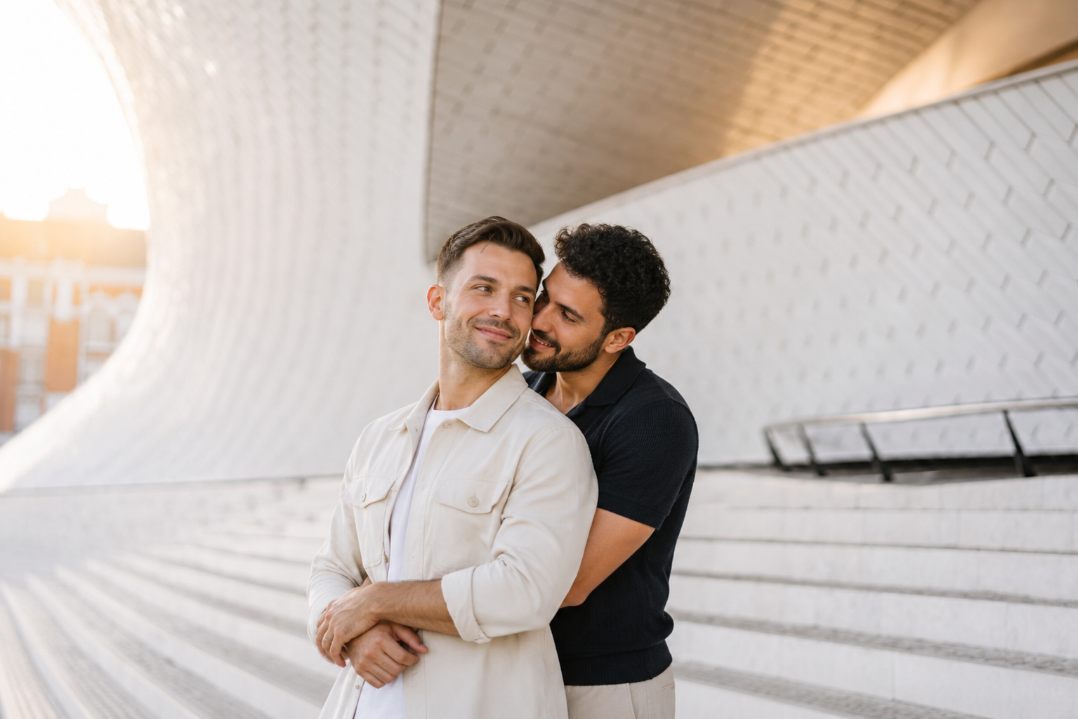 Couple embracing at MAAT during an engagement session in Belém, Lisbon, Portugal.