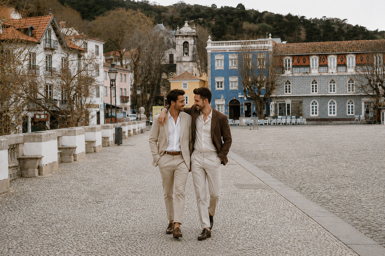 Documentary-style couple photography session in Sintra village featuring iconic Portuguese architecture and everyday moments.
