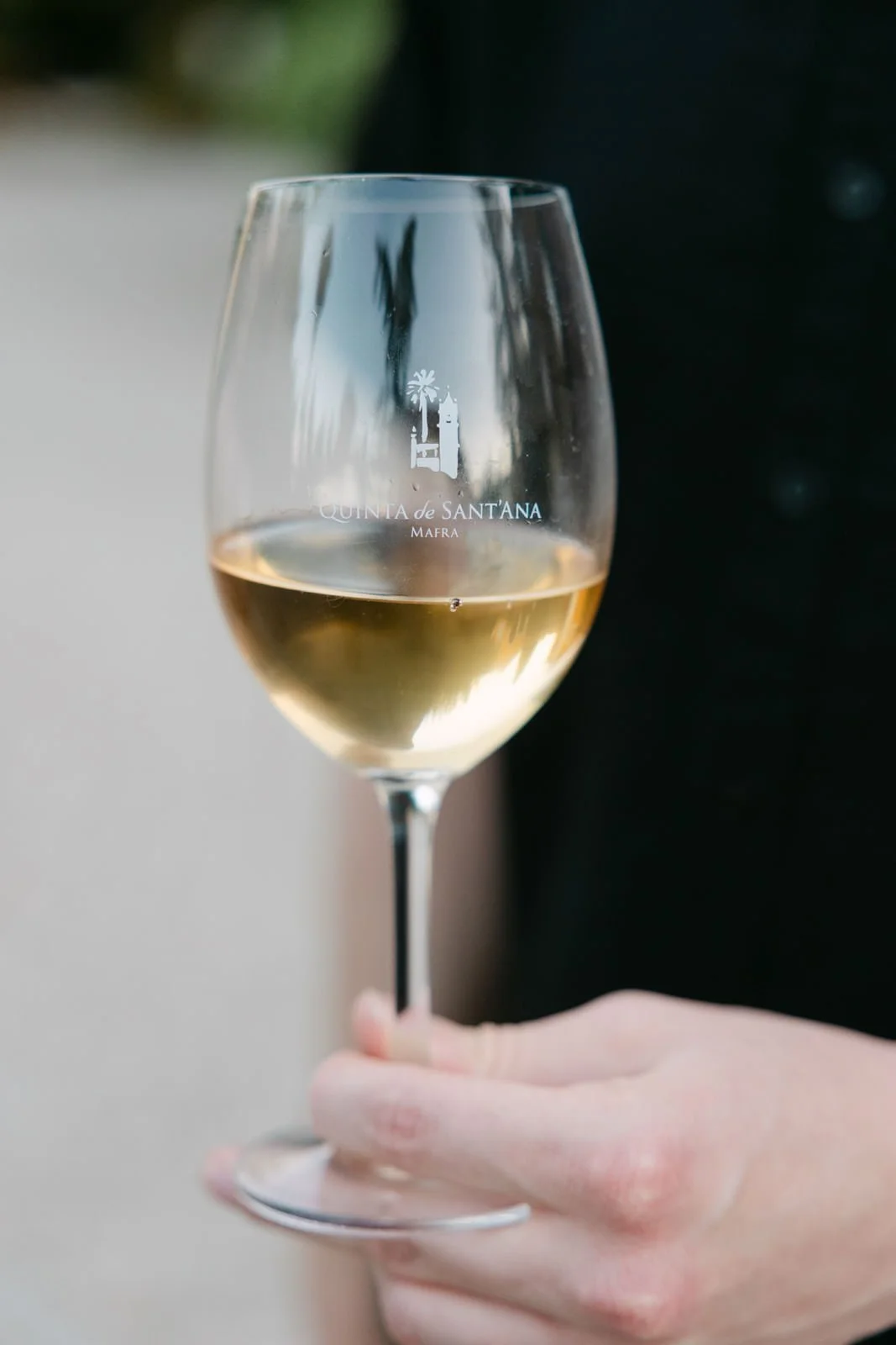Glass of Quinta de Sant’Ana wine photographed during a surprise proposal and engagement session at the Portuguese wine estate.