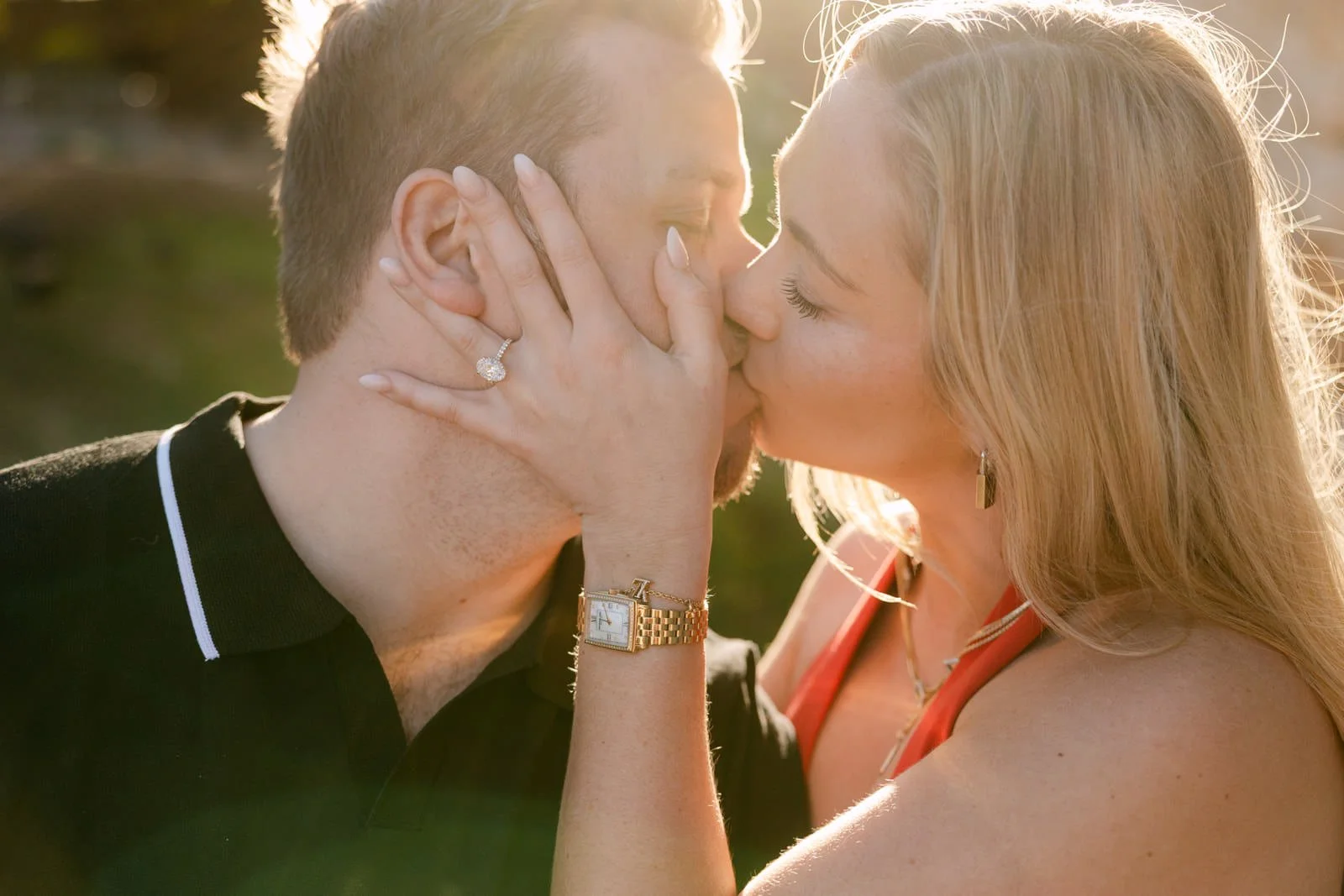 Couple celebrating their engagement at Castelo de São Jorge in Lisbon