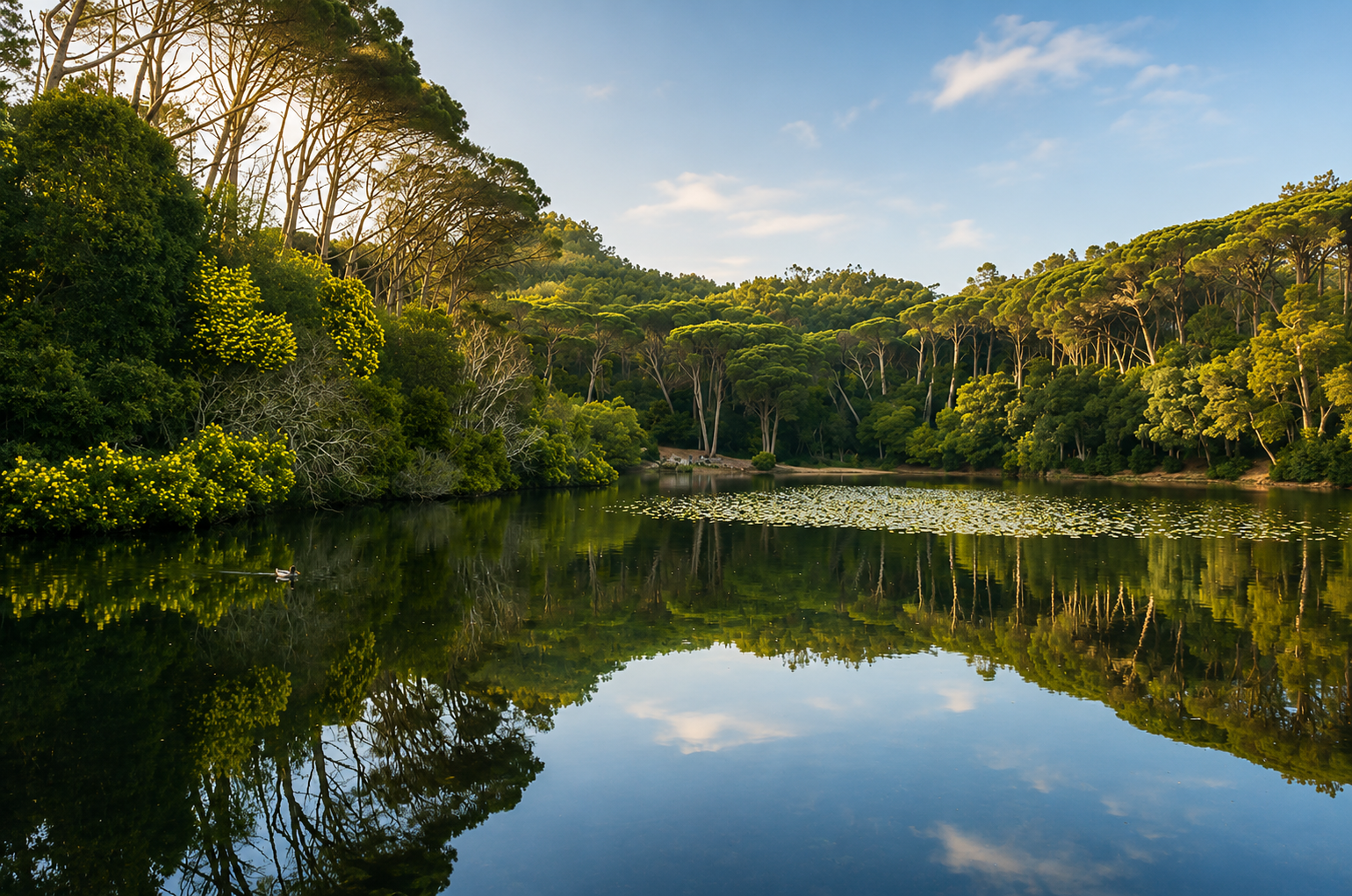 Lagoa Azul in Sintra reflecting the surrounding forest, a peaceful location for natural engagement photos and relaxed couple sessions.