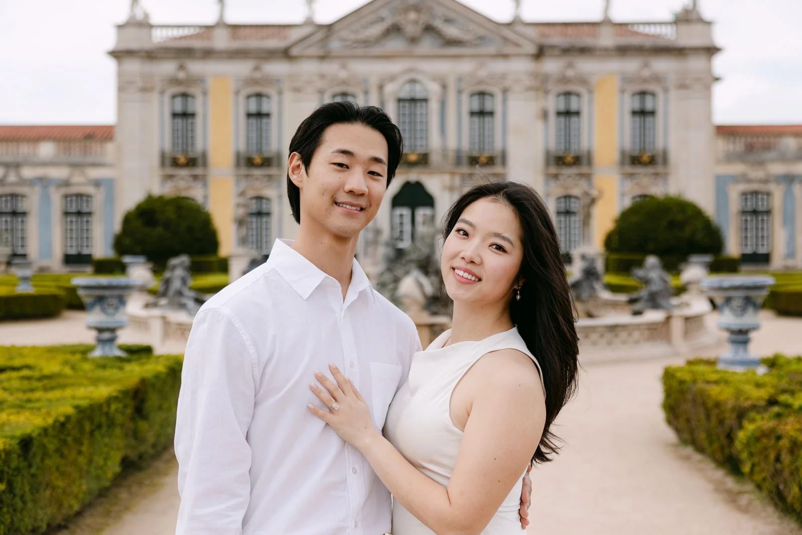Emma and David during their engagement photoshoot at Palácio de Queluz near Lisbon, Portugal.