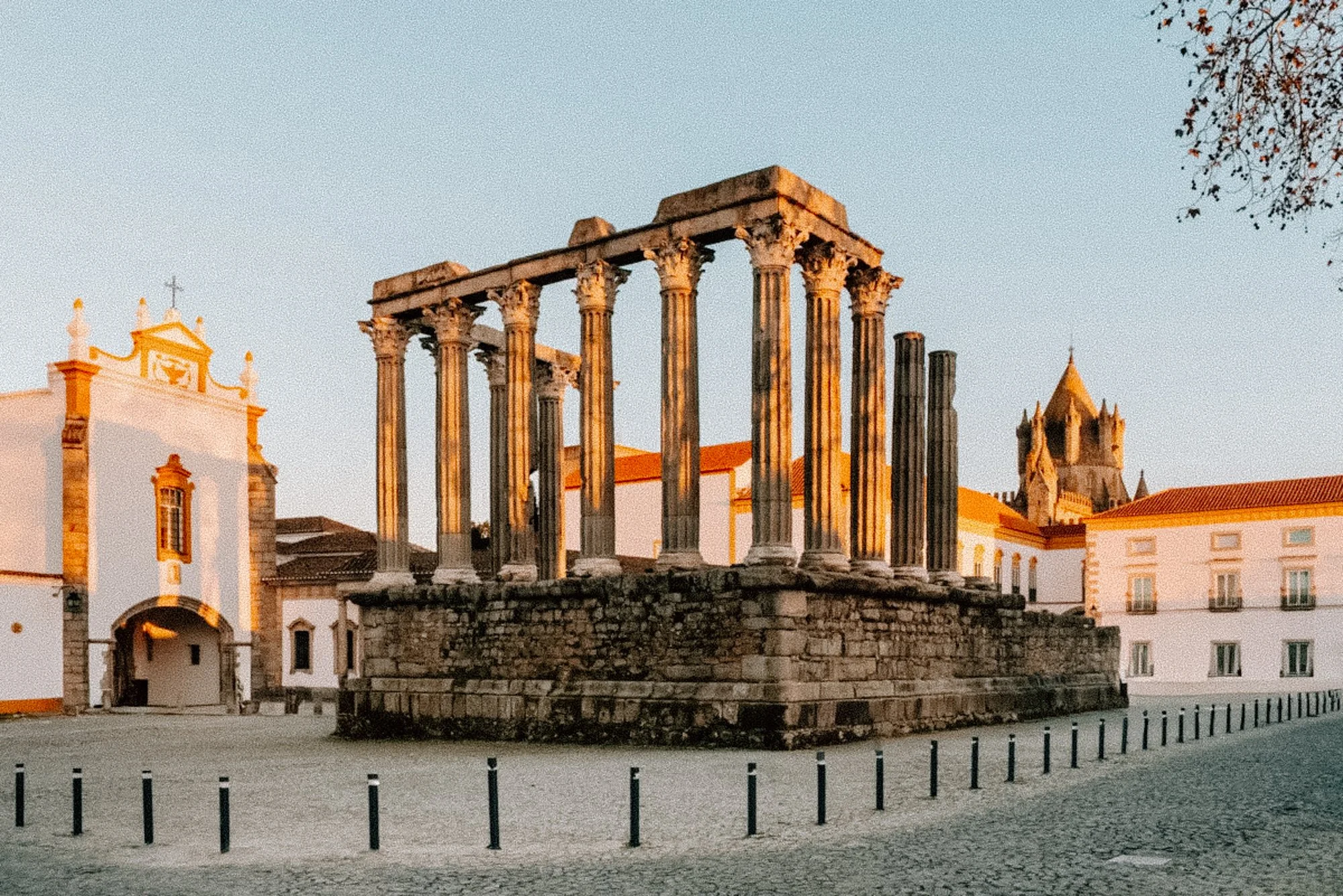 Roman temple and historic architecture in Évora Portugal at golden hour
