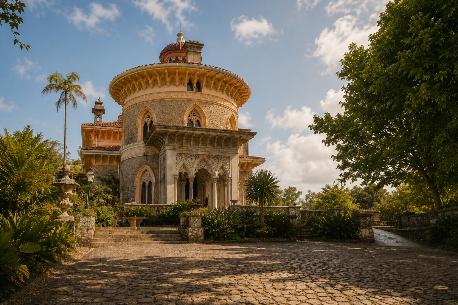 Palácio de Monserrate in Sintra, one of the most romantic locations for engagement photos, featuring exotic gardens, historic architecture and fairytale surroundings.