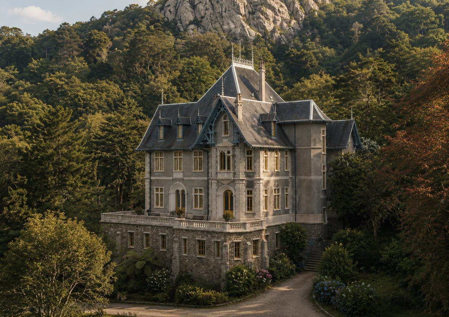 Biester Palace in Sintra surrounded by lush forest, offering a dramatic and cinematic setting for engagement photography and romantic couple sessions.