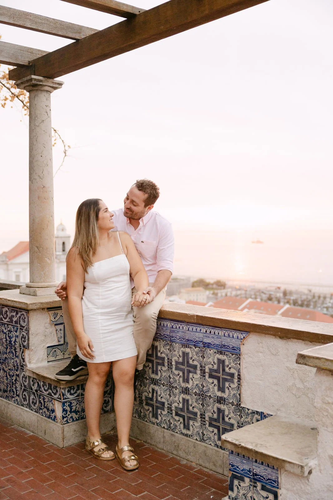 Two-stone engagement ring photographed during a surprise proposal in Lisbon, Portugal