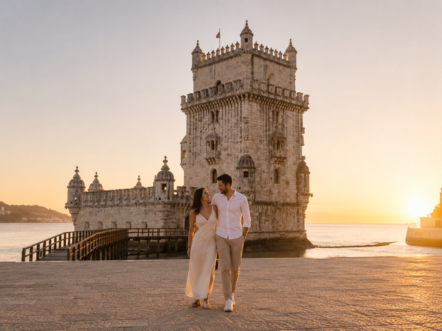 Couple walking beside Torre de Belém at sunrise during an engagement photoshoot in Lisbon, Portugal.