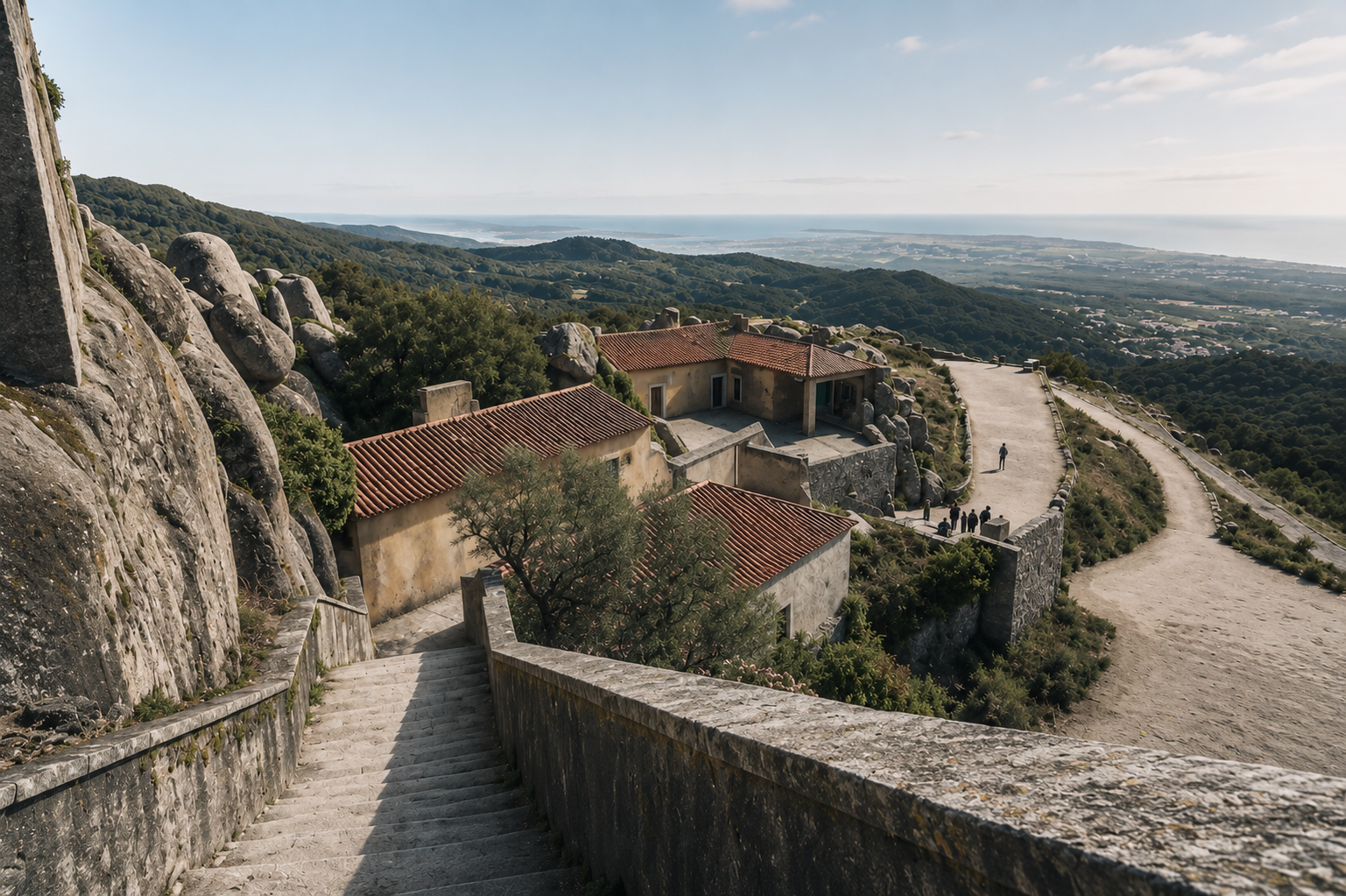 Santuário da Peninha overlooking the Sintra coastline, combining mountain landscapes, ocean views and dramatic light for romantic photoshoots.
