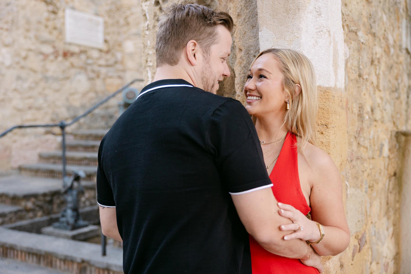 Recently engaged couple photographed at Castelo de São Jorge in Lisbon