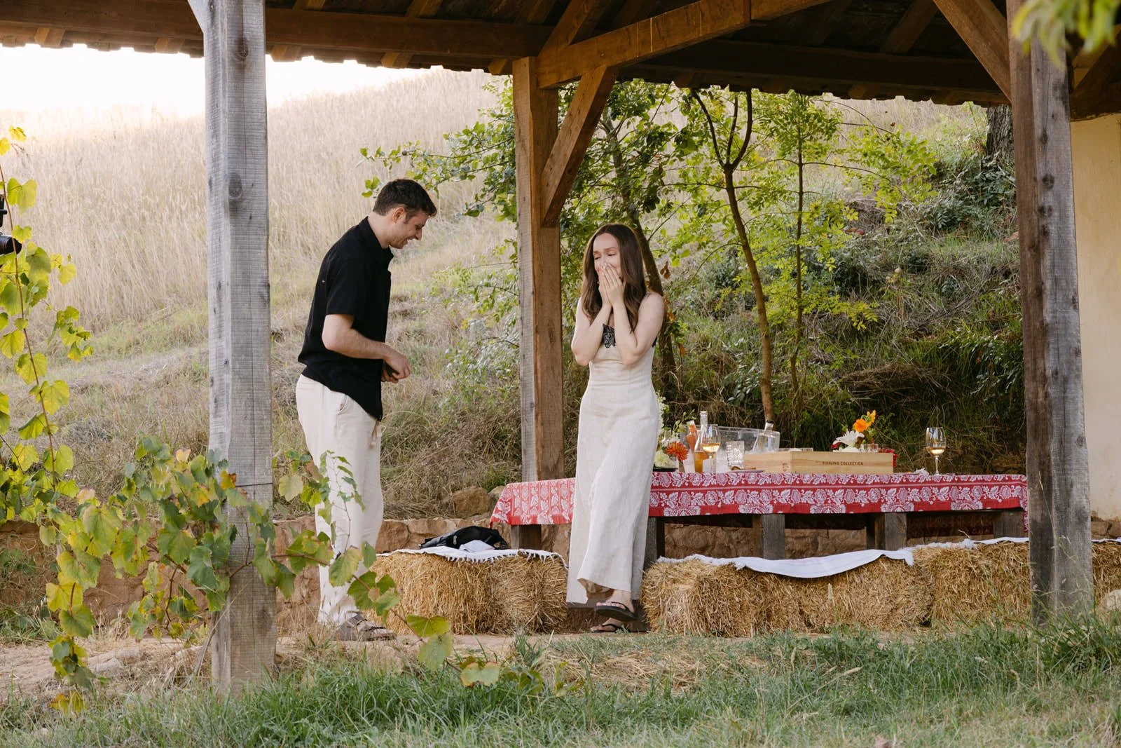Woman covering her face in surprise as her partner prepares to propose during a private picnic at Quinta de Sant’Ana in Portugal.