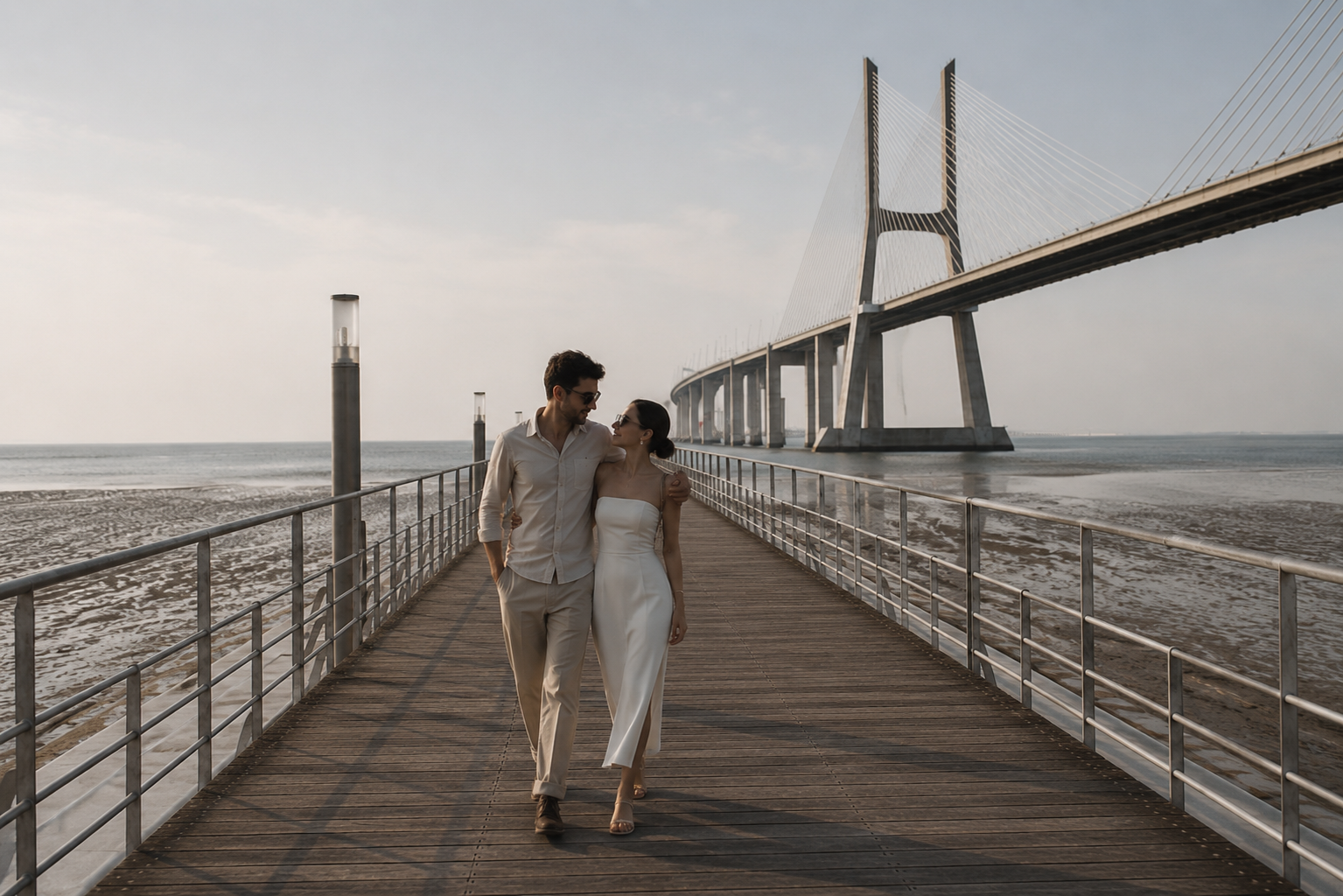 Engagement photography beneath the Vasco da Gama Bridge, a modern and iconic backdrop in Parque das Nações.