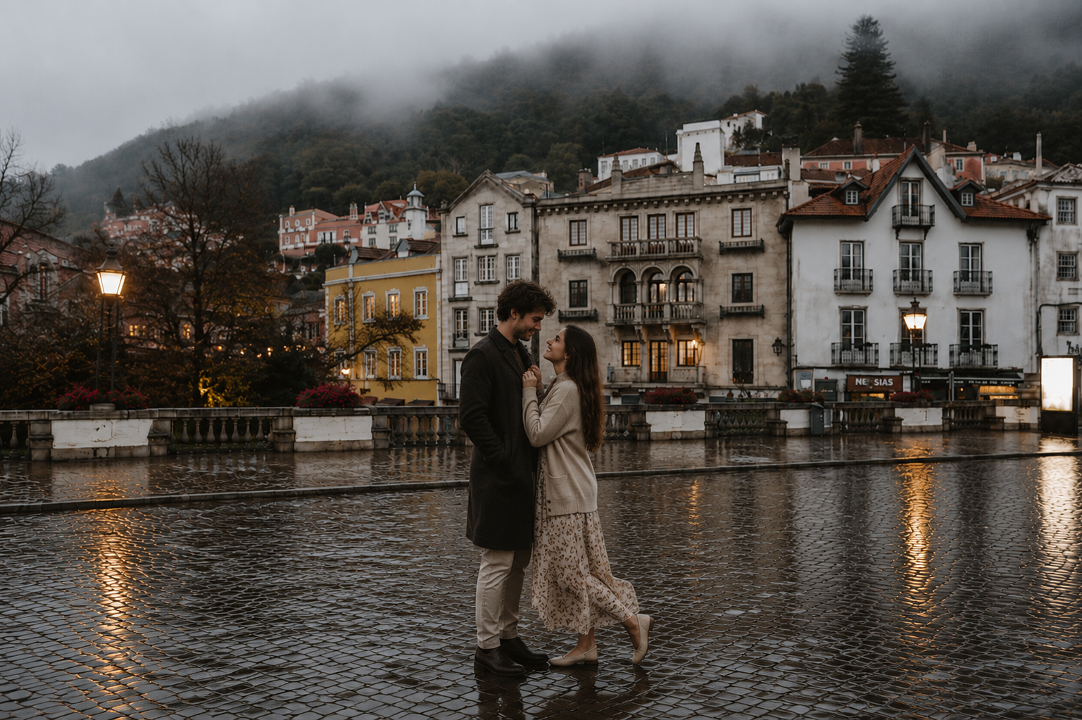 Romantic engagement session in Sintra village featuring historic architecture, soft mountain fog and intimate moments in the heart of Sintra.