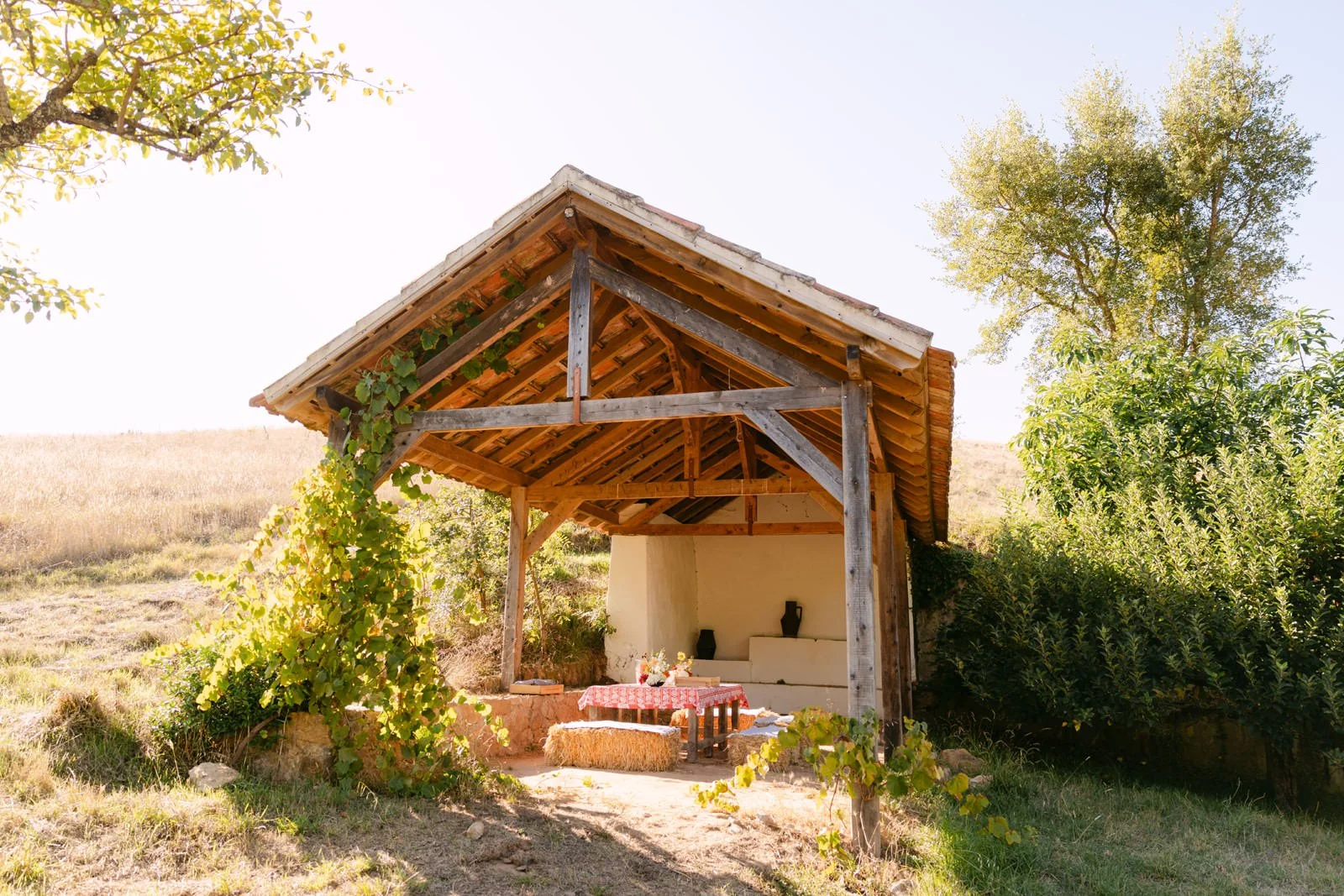 Rustic picnic setup surrounded by countryside at Quinta de Sant’Ana in Portugal, prepared for a surprise marriage proposal near Lisbon.