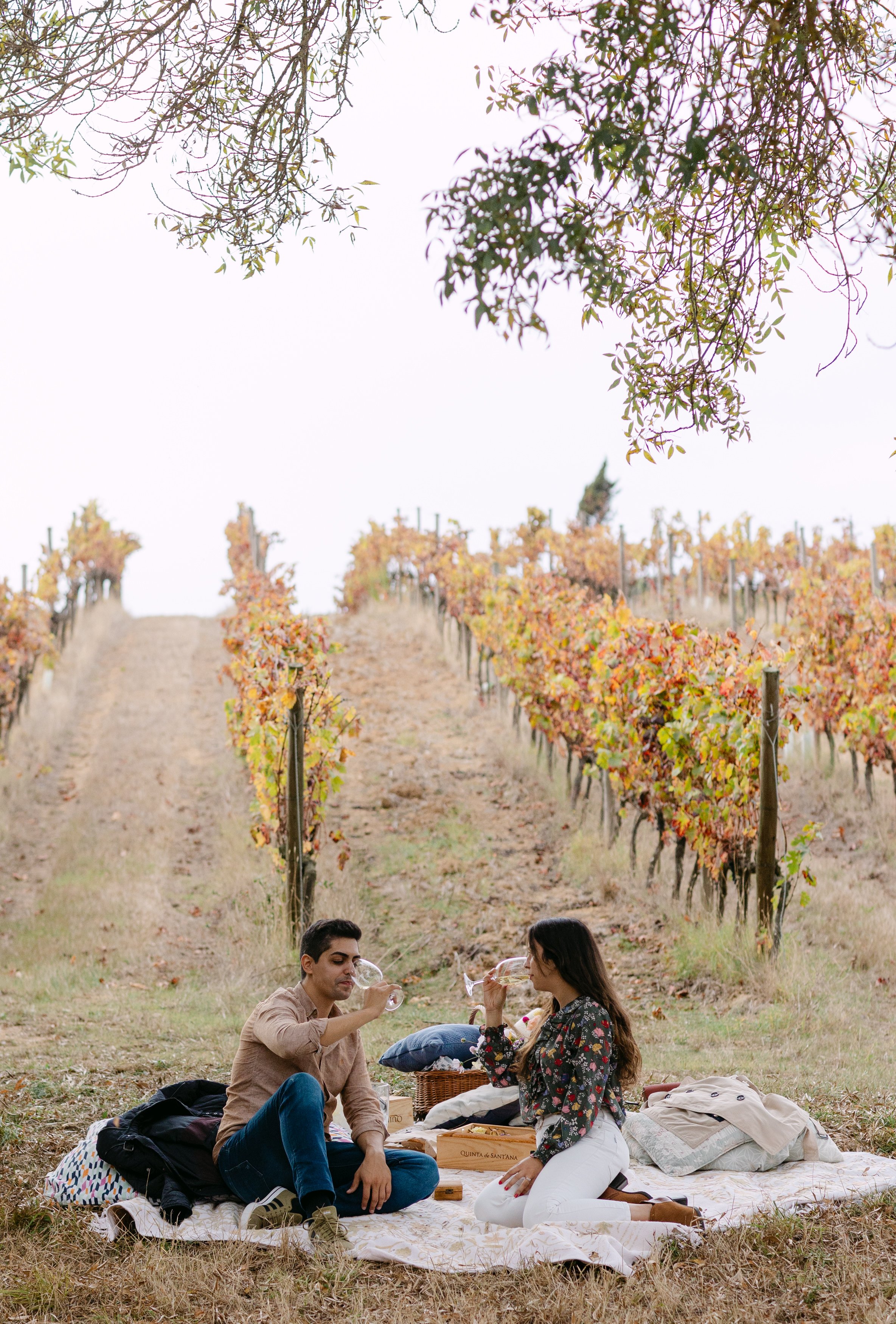 Couple enjoying intimate picnic moment during Quinta de Santana proposal session