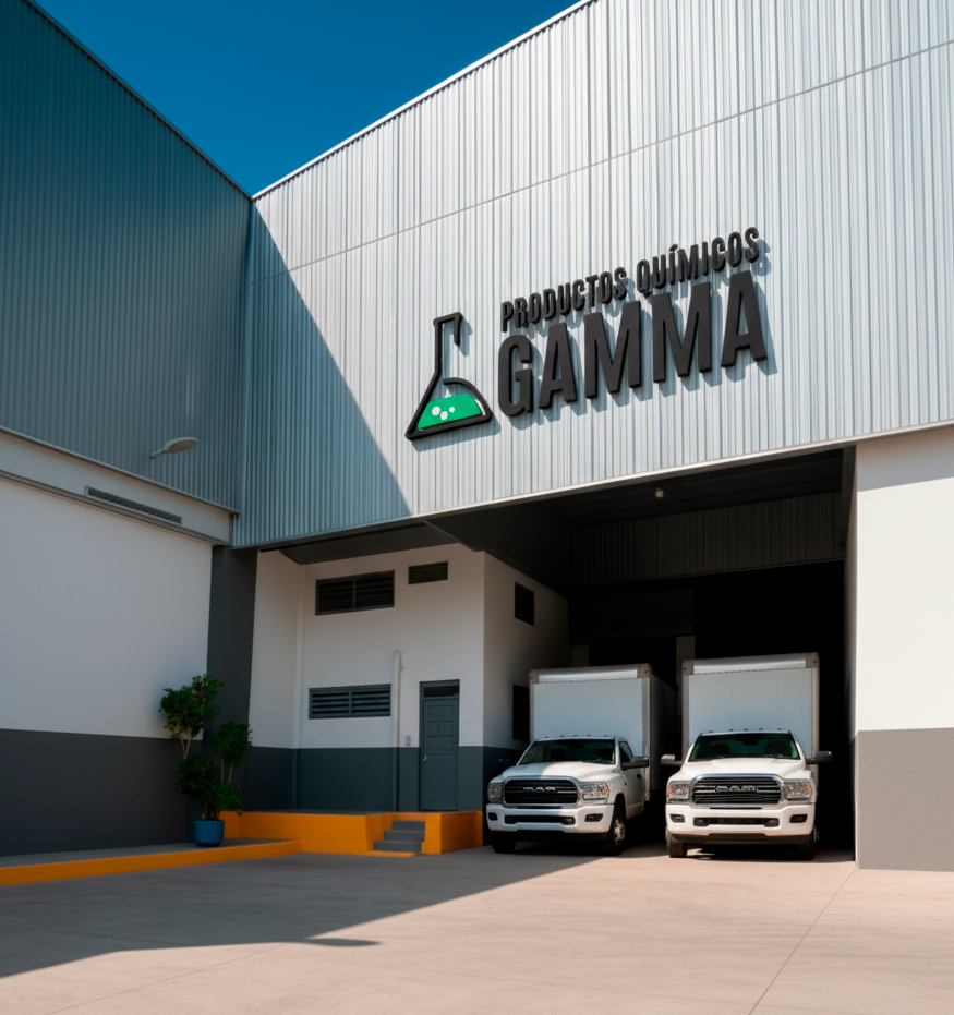 Fachada moderna de almacén de Productos Químicos Gamma en CDMX con dos camiones de reparto blancos en los andenes de carga, bajo un cielo azul claro. Se aprecia el logo de la empresa en la parte superior.