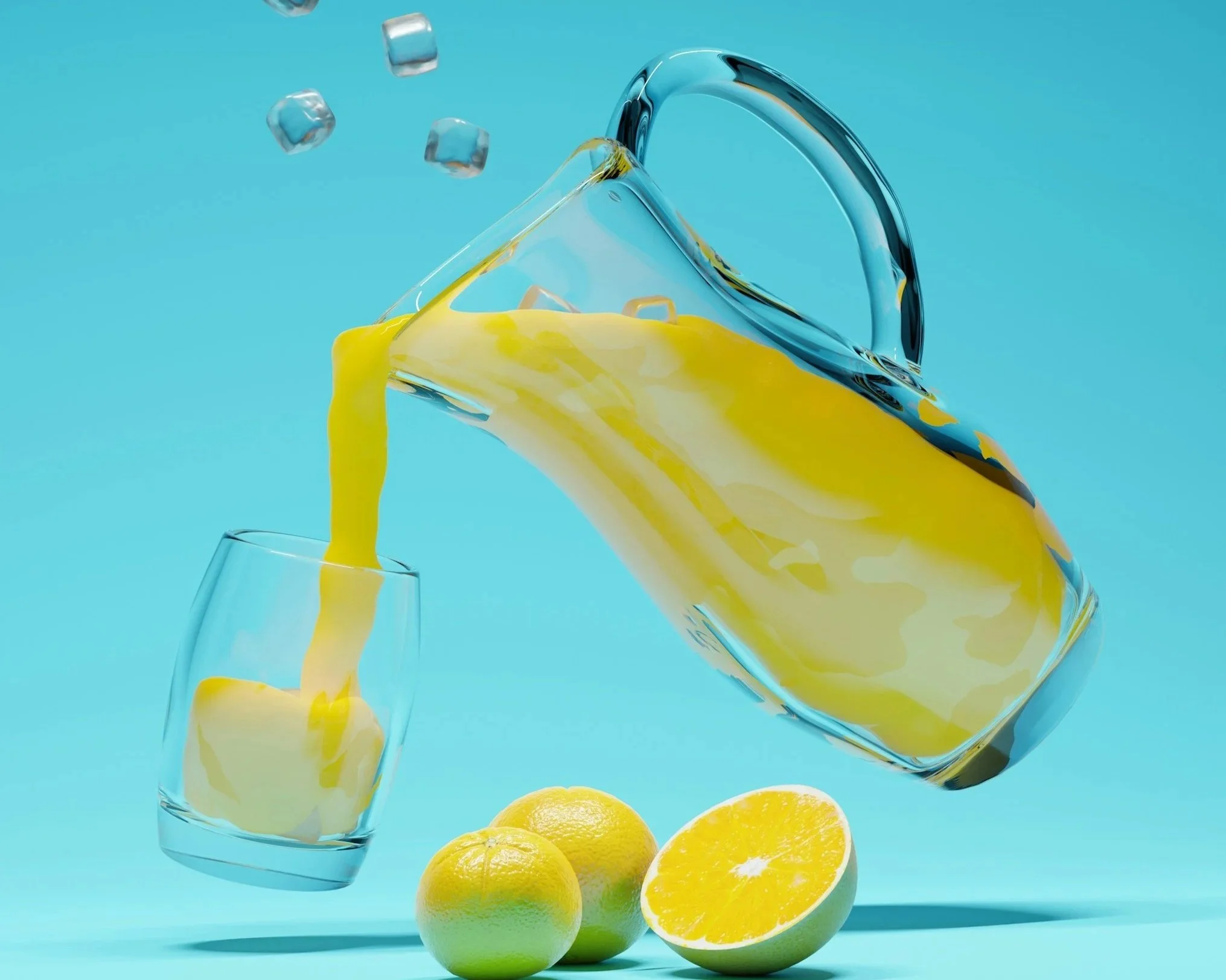 A lemonade-type drink being poured from a large pitcher into a glass, along with 2 whole lemons and a half lemon sitting next to the glass.