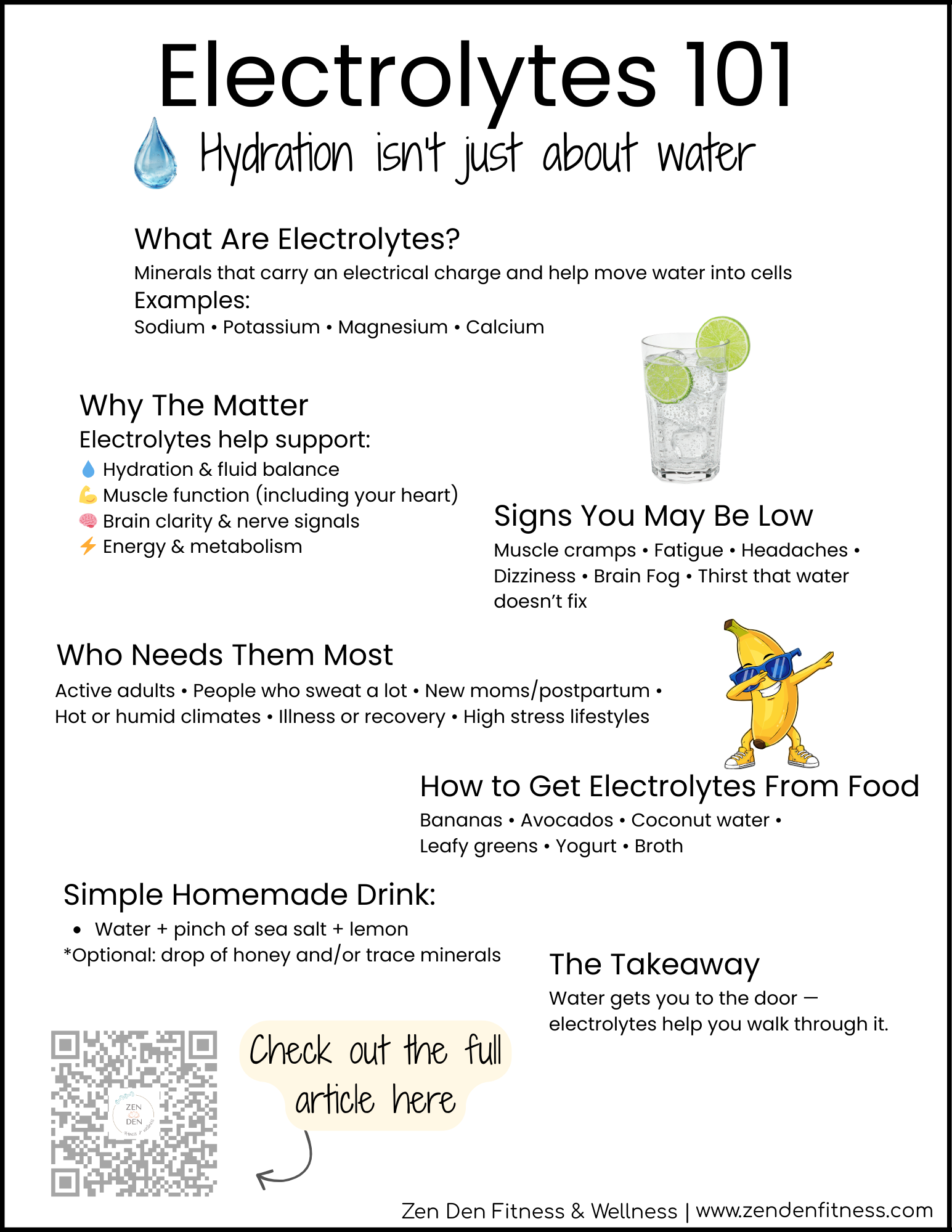 electrolyte infographic with the topics: what are electrolytes, why they matter, signs you may be low, who needs them most, how to get electrolytes from food, a simple homemade electrolyte drink, a quick takeaway, and QR code with link to full post
