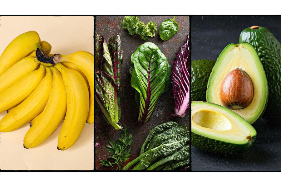 A collage of photos that include a bunch of bananas, leafy greens, and avocados