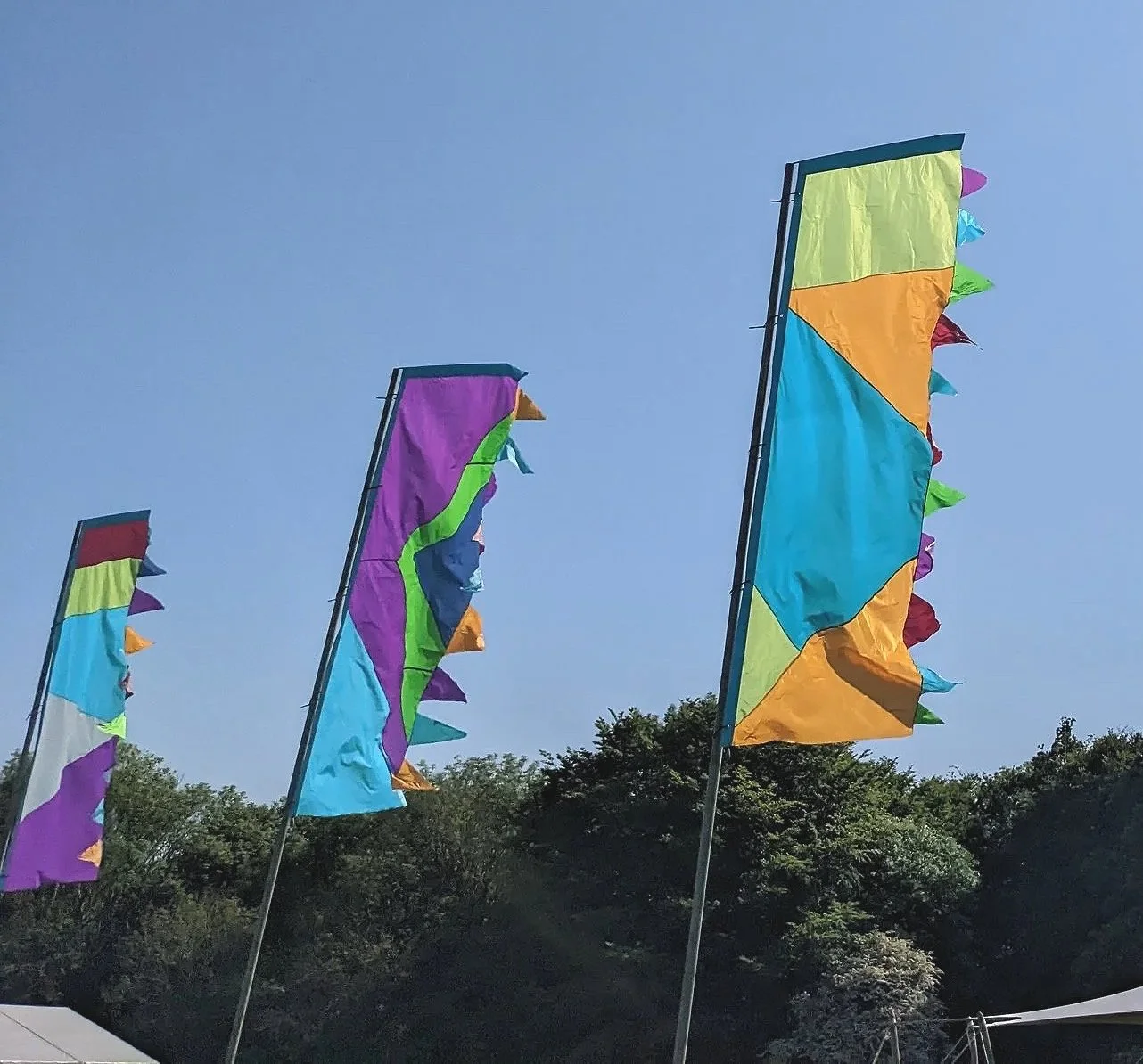 Colorful flags flying on poles against a clear blue sky, with a hillside covered in trees in the background.