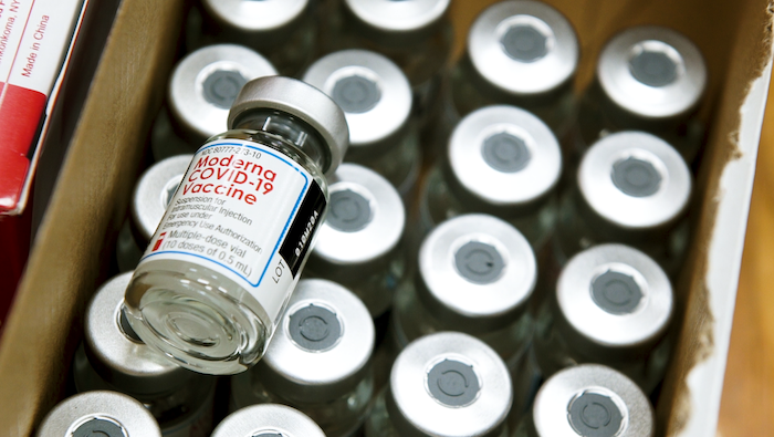 A product shot of the Moderna vaccine at a vaccine distribution clinic in West Virginia