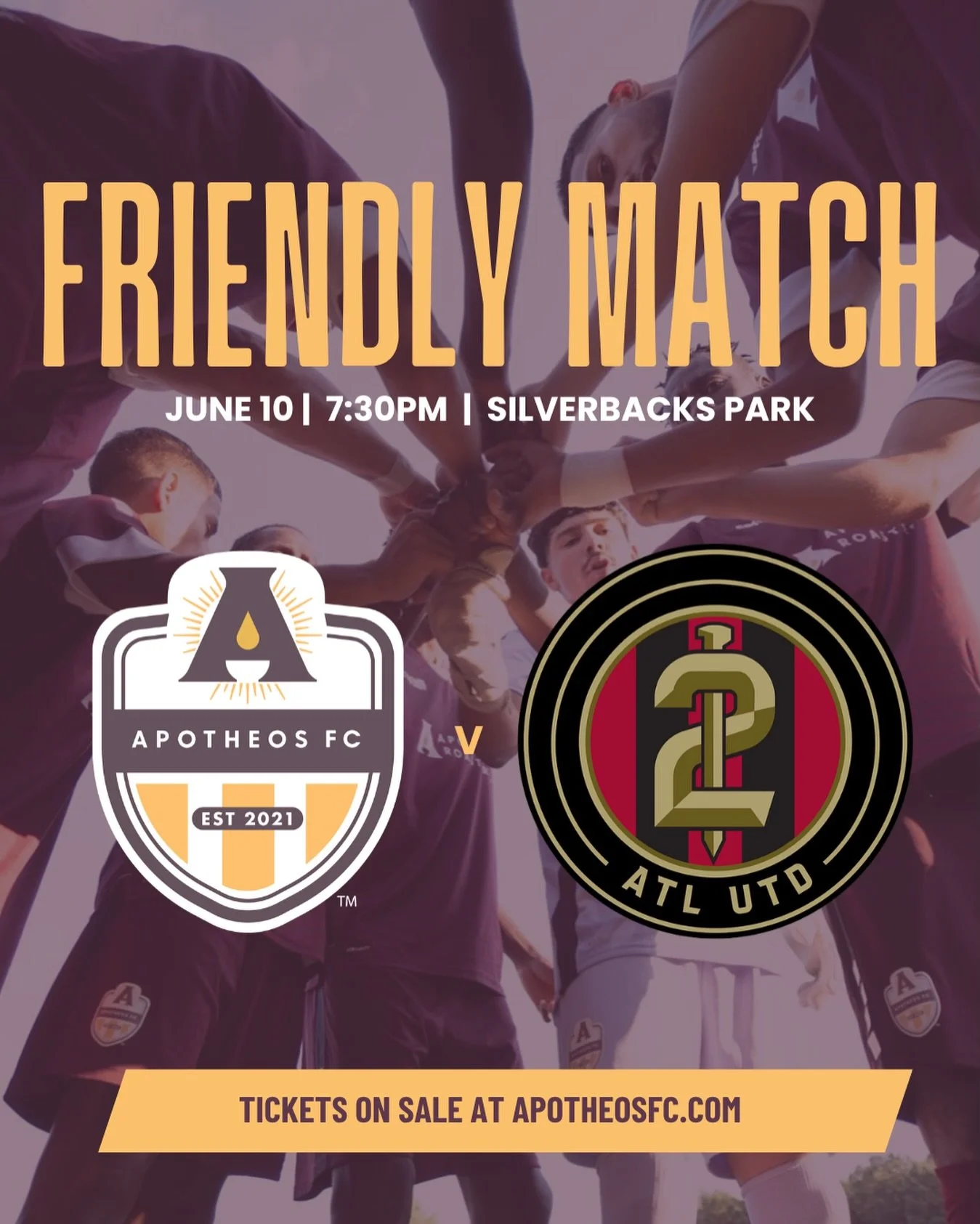 A special night at Silverbacks Park.

Apotheos FC welcomes Atlanta United 2 for a friendly match on June 10 at 7:30 PM. Two Atlanta clubs. One city. One big night under the lights.

Ticket information coming soon.
