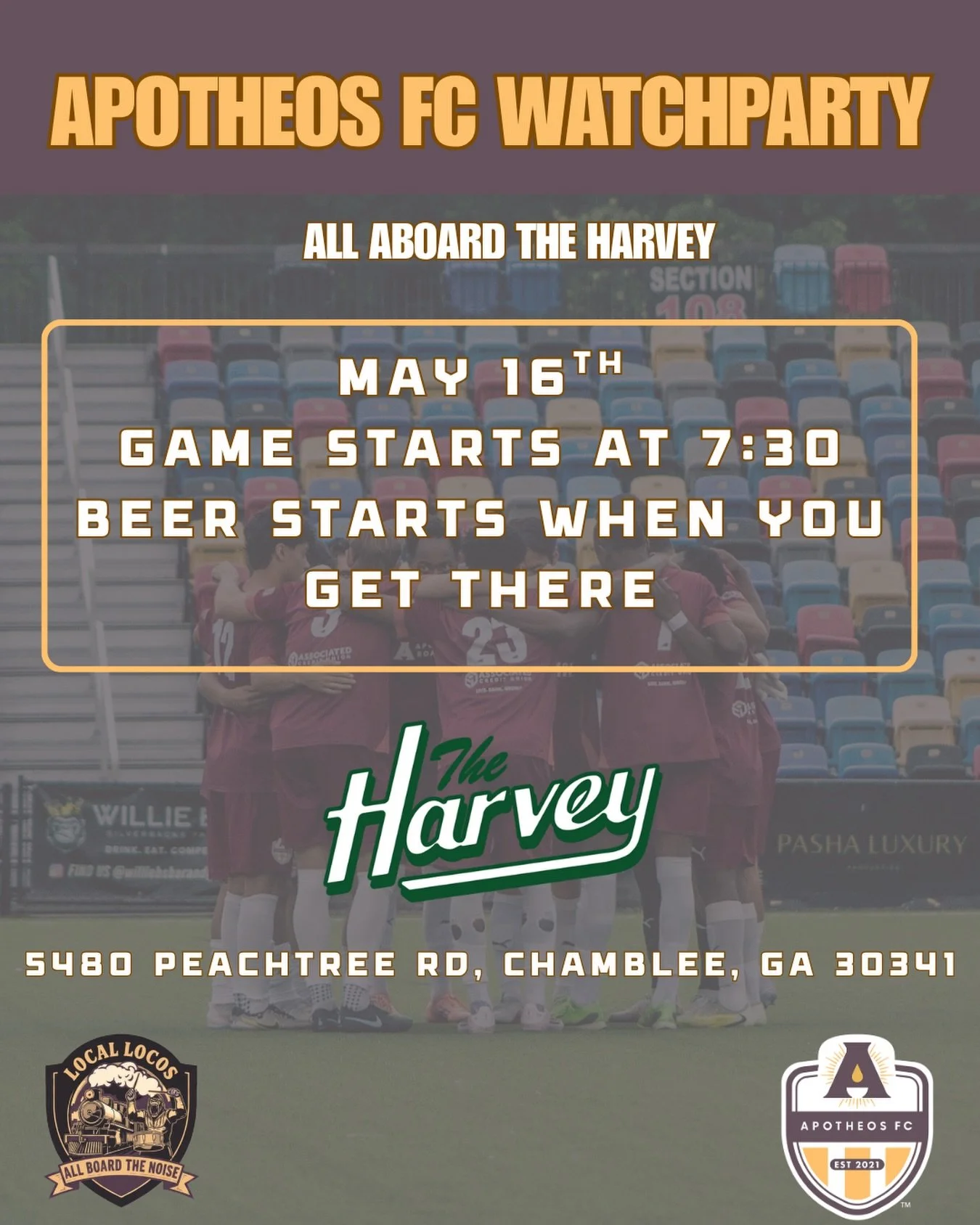 All aboard the Harvey.

Join the Locos for an Apotheos FC watch party this Friday at The Harvey in Chamblee. Kickoff starts at 7:30 and the drinks start when you get there.

Bring your friends, wear your colors, and help us take over The Harvey.