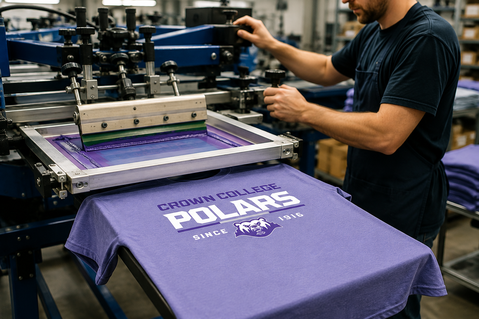 Screen printing machine printing college logo on custom t-shirt