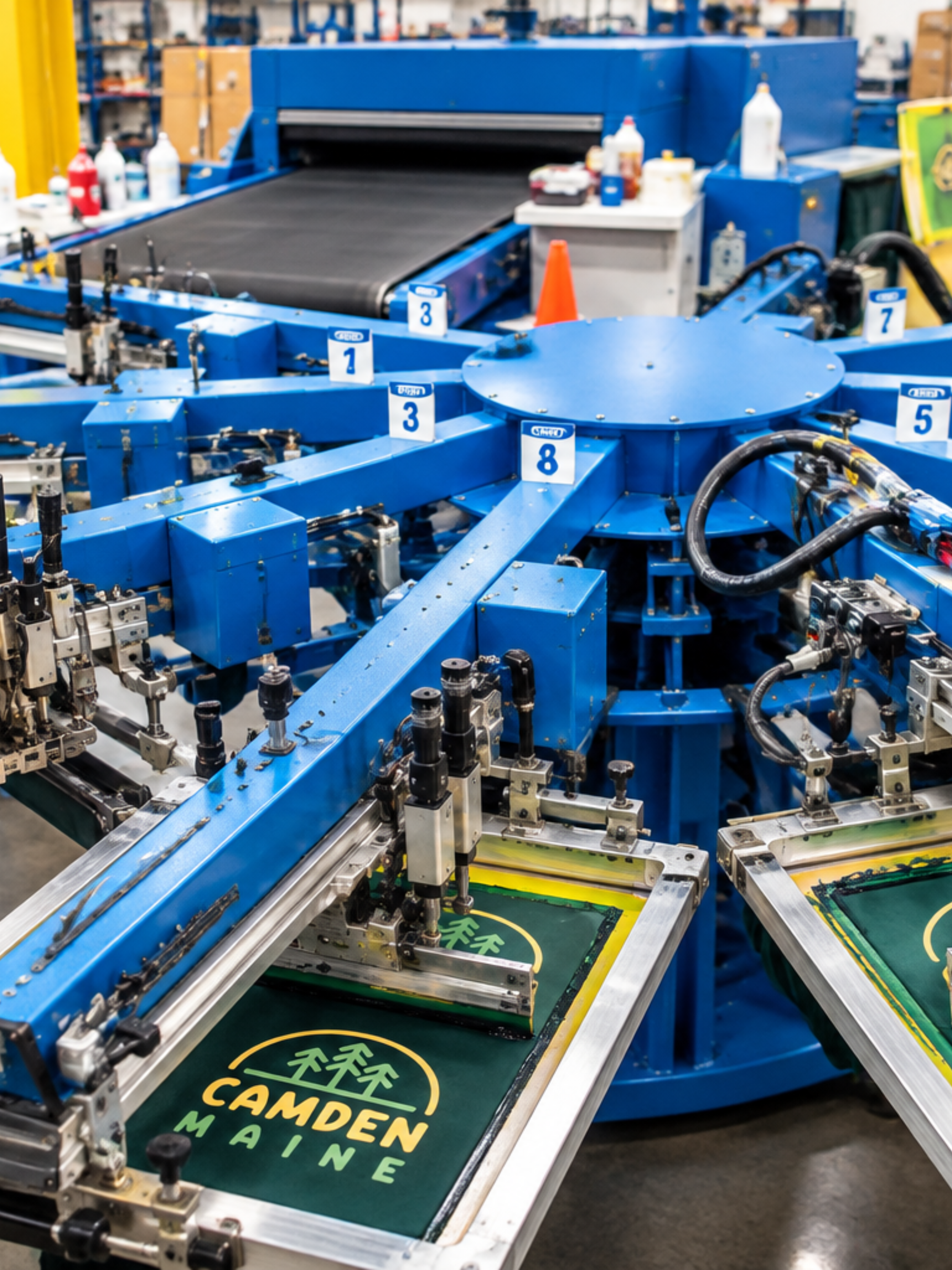 Screen printing machine printing resort logo on custom t-shirt