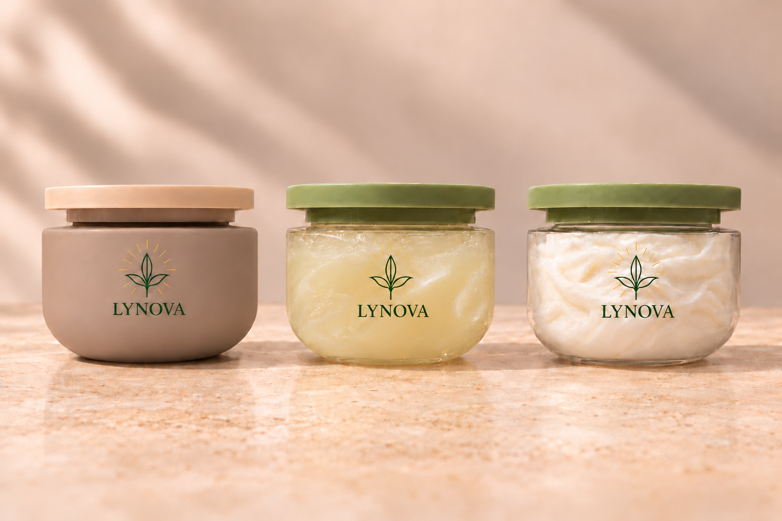 Lynova Complete Radiance Collection featuring three body care jars for soft, moisturized skin.