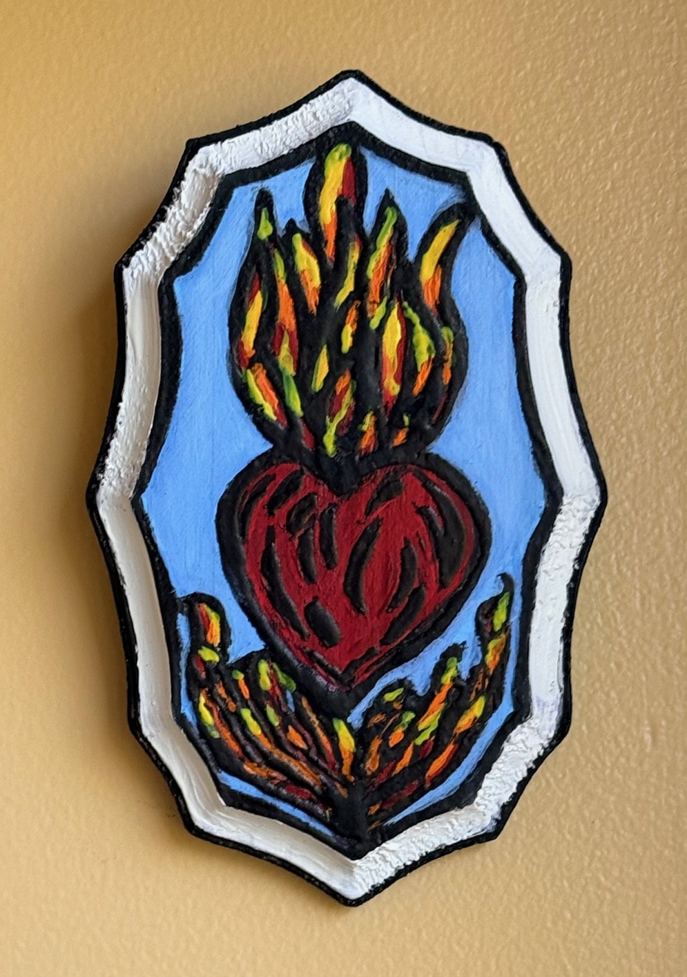 Sagrada Corazon, Tina Arroyo, 2025, 5.5x4, Acrylic and Wax on Wood