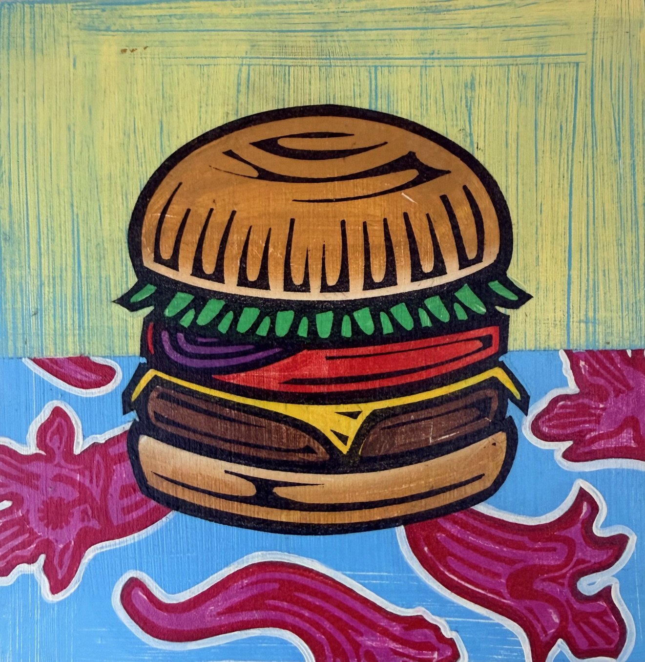 Hamburger, Sonia Romero, 2023, 6x6, Linocut Print and Paint
