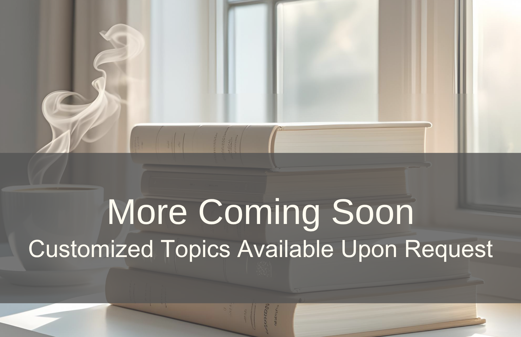 Photo of a stack of thick books on a white surface in front of a window with natural light, with a steaming cup of coffee or tea to the side, and a grey overlay with the text 'More Coming Soon, Customized Topics Available Upon Request'.