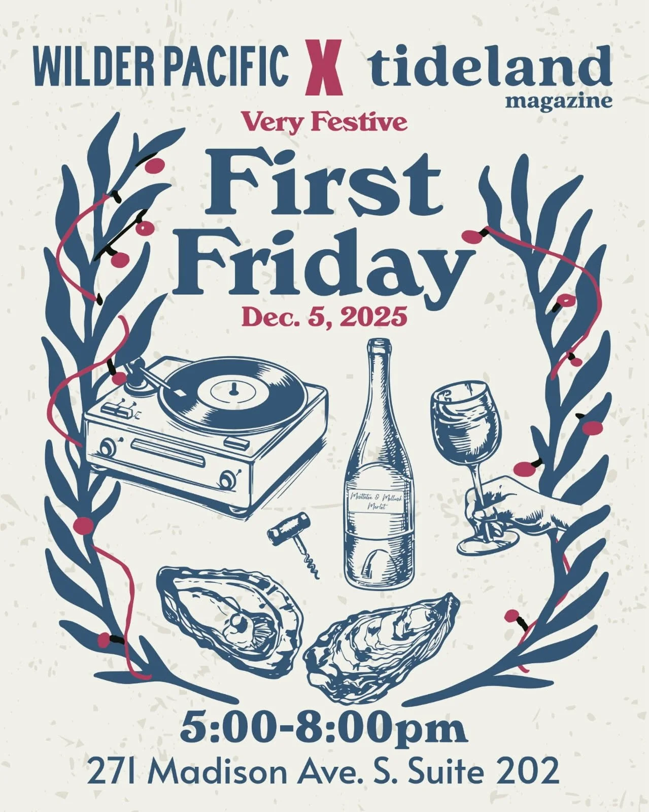 Sharing this invite from @tidelandmag: 

The Tideland team invites you to join us for First Friday merry-making this Friday, Dec. 5 at our Winslow co-working space. We&rsquo;ll be spinning vinyl, serving oysters and popping corks with our friends at 