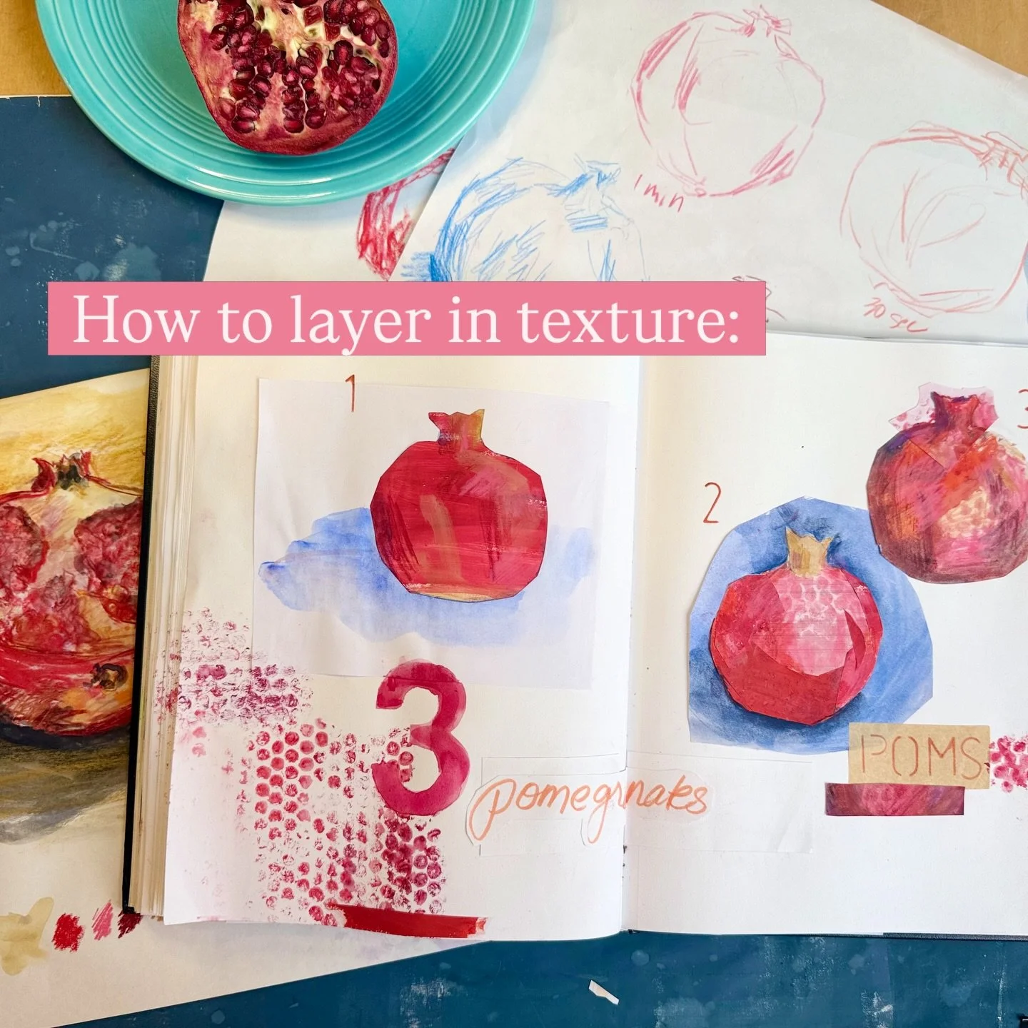 I love experimenting in my sketchbook! Here, I used guache painted onto bubble wrap to create a pomegranate texture. Brush on a couple different colors for depth and then press onto your sketchbook page - no need to individually draw all those seeds 