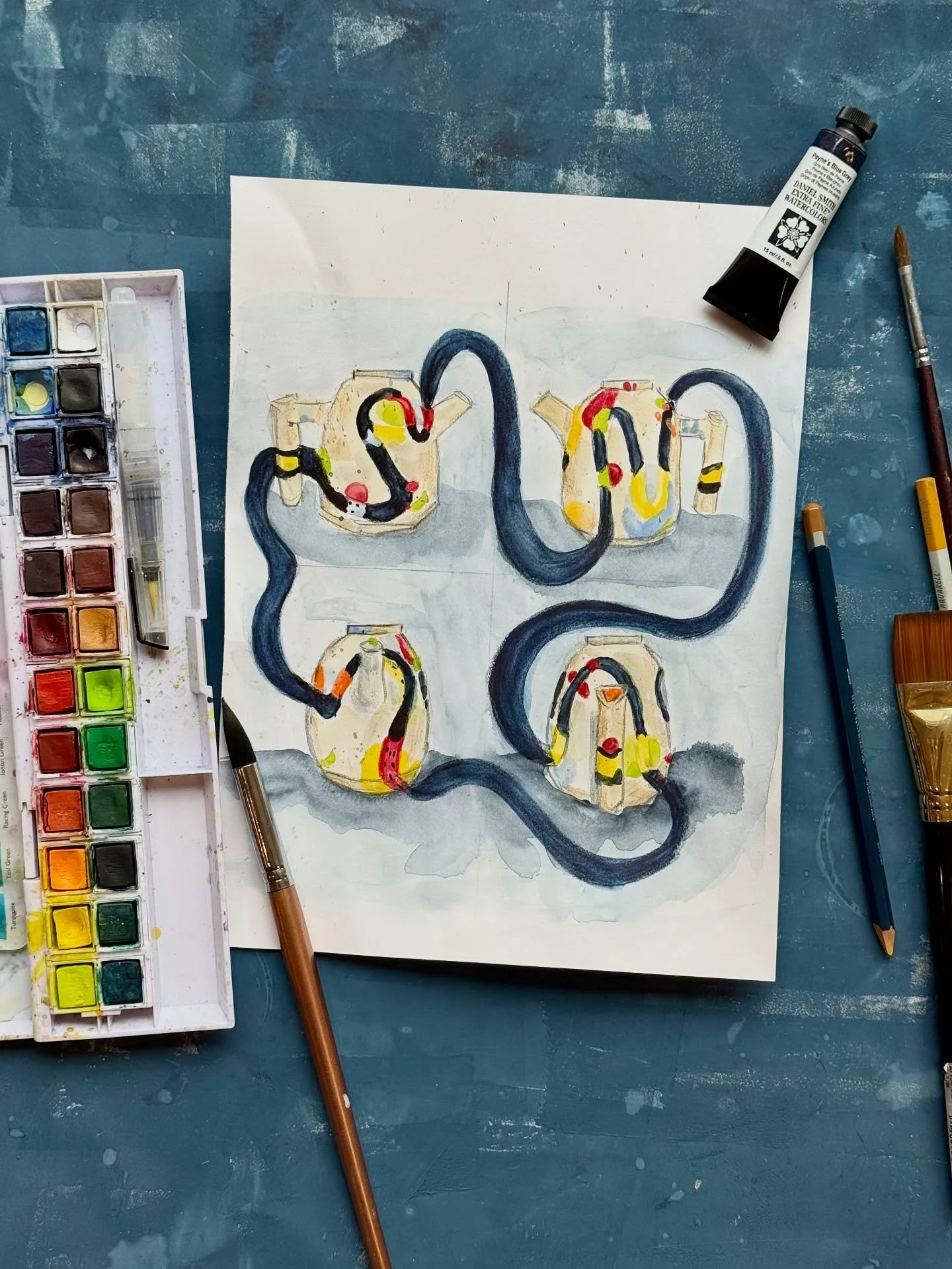 The reference photos of this pot show 4 different angles and when I started to look at them as a group I got this fun idea of a sort of race track of made of steam winding between the four different pots. 

Did a quick watercolor sketch. Maybe I&rsqu