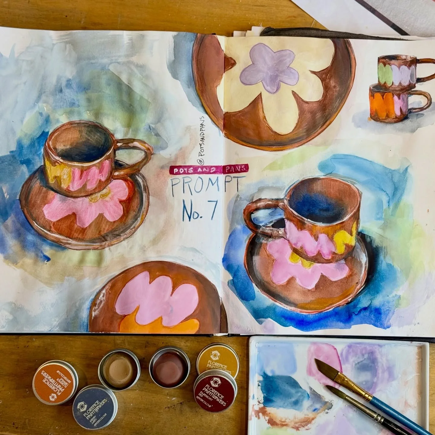 The current @potspanschallenge art challenge is so much fun! I started off with one cup and saucer and kept adding elements until I had done a full double-page spread!

The colors in the reference images are fantastic. Normally everything I wear or b