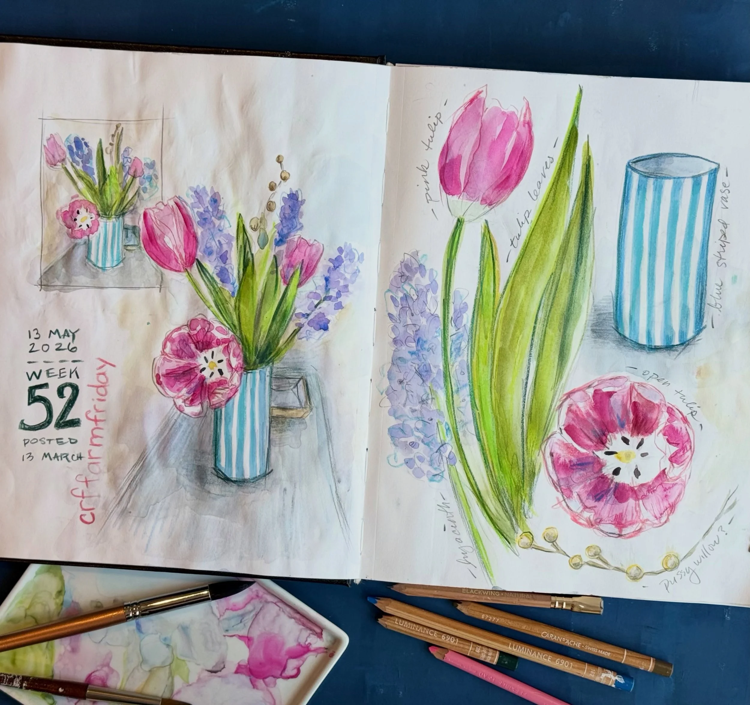 Awarded the &lsquo;better late than never&rsquo; prize is my entry for the @crfarmfriday art challenge, Week 52. (They are now on week 60 🤣). But I loved this photo reference of a happy blue striped case filled with tulips and hyacinth and just got 