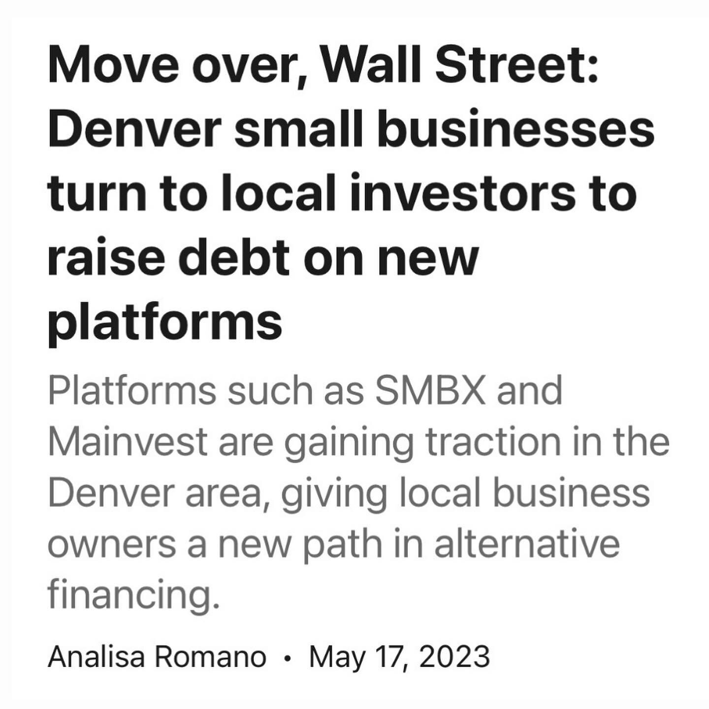 Move Over Wall Street! 

Link to story in bio 🔗

Thanks to @denbizjournal for highlighting crowdfunding as a viable source of capital for small businesses 💰

And as always, thanks to @mainvestinc for being so amazing &amp; supportive 🧡

#crowdfund