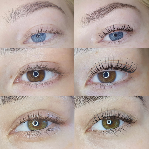 Before and after lash lift and tint results on three clients at Bambii B Perth, showing lifted and darkened lashes