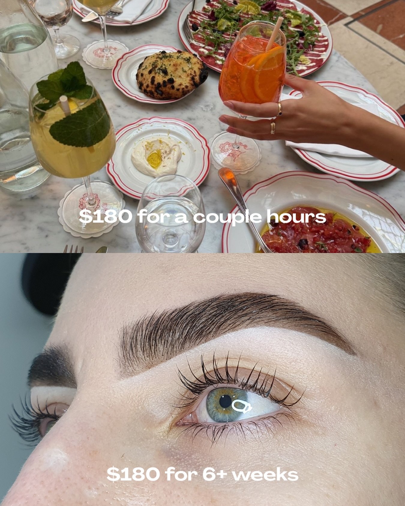 $180 for a lash lift + eyebrow restyle with colour = &ldquo;too expensive&rdquo;😭
$180 for dinner and cocktails = &ldquo;book the table&rdquo;🍸
One lasts a couple a hours&hellip;the other lasts 6 weeks✨Book that lash lift + eyebrow restyle🤗