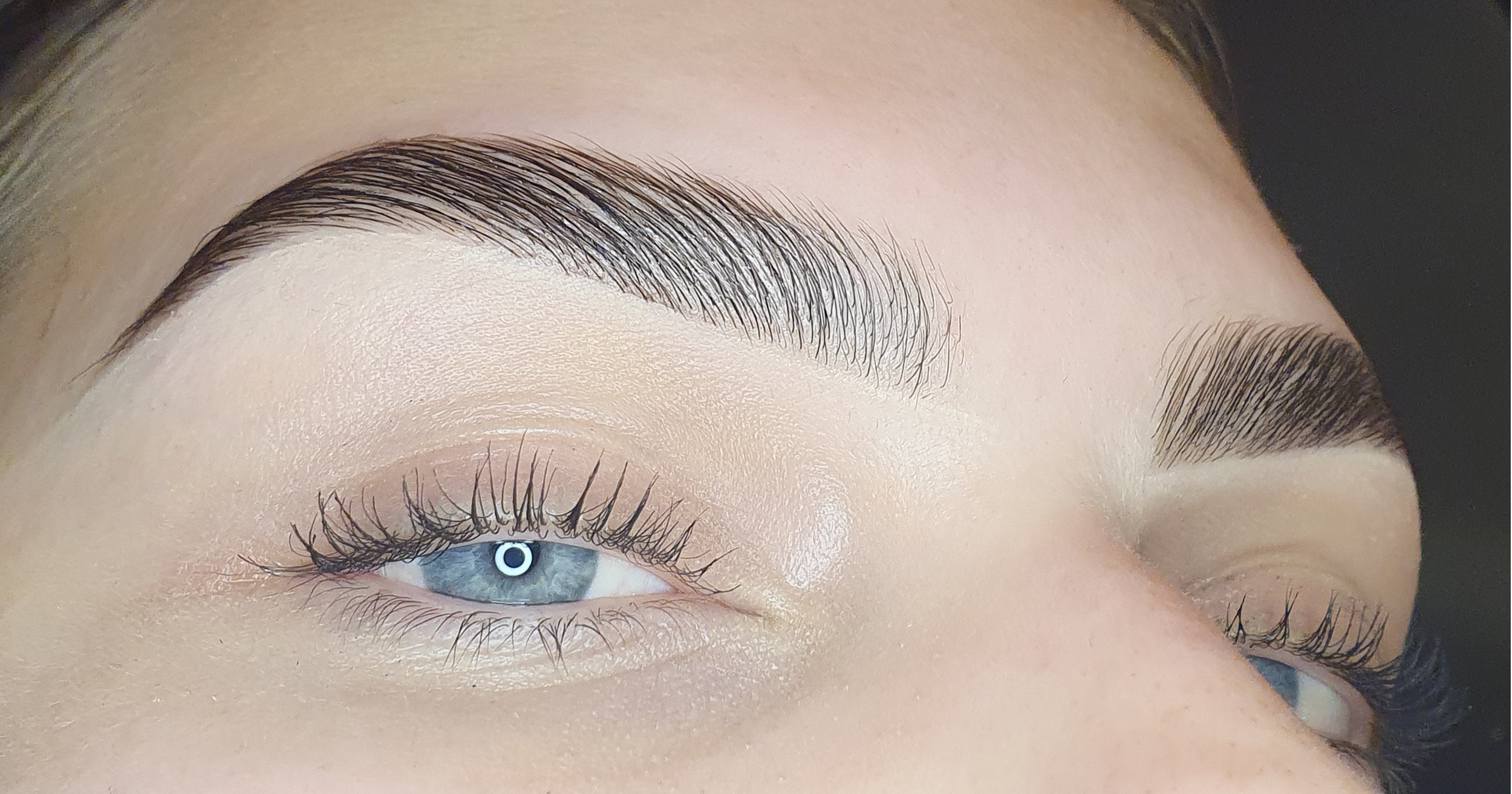 Close-up of freshly laminated brows at Bambii B Perth, hairs brushed up and set in a uniform direction