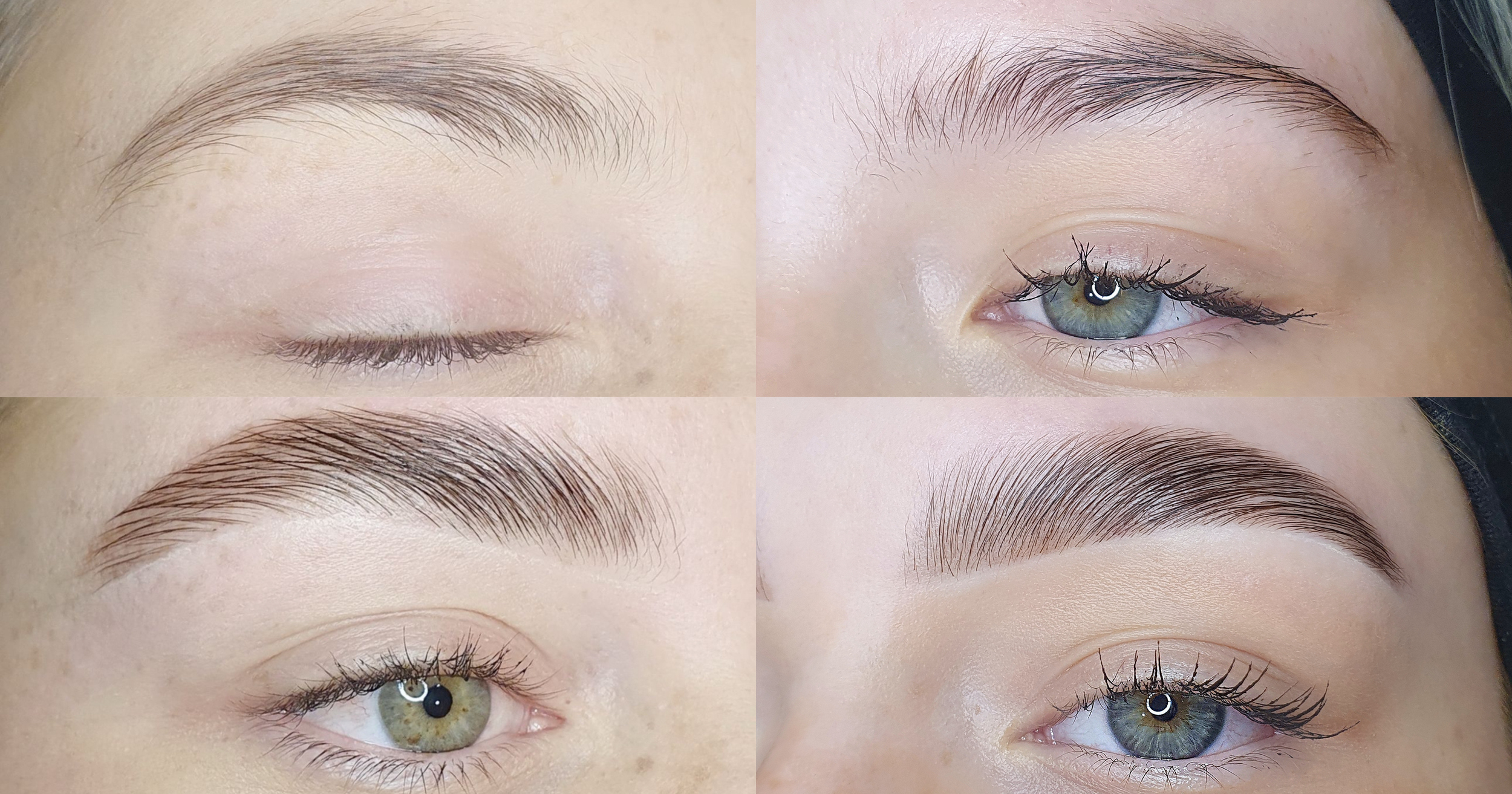 Brow lamination before and after results at Bambii B Perth showing sparse, unruly brows transformed into full, set, fluffy shapes