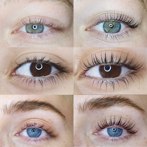 Lash lift before and after comparison on three sets of eyes at Bambii B, with curled and lengthened-looking lashes