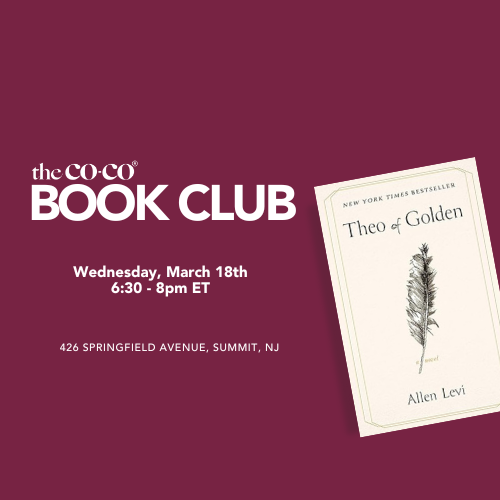 Advertisement for the co-co Book Club event featuring the book "Theo of Golden" by Allen Levi, scheduled for Wednesday, March 18th, from 6:30 to 8 pm ET at 426 Springfield Avenue, Summit, NJ.