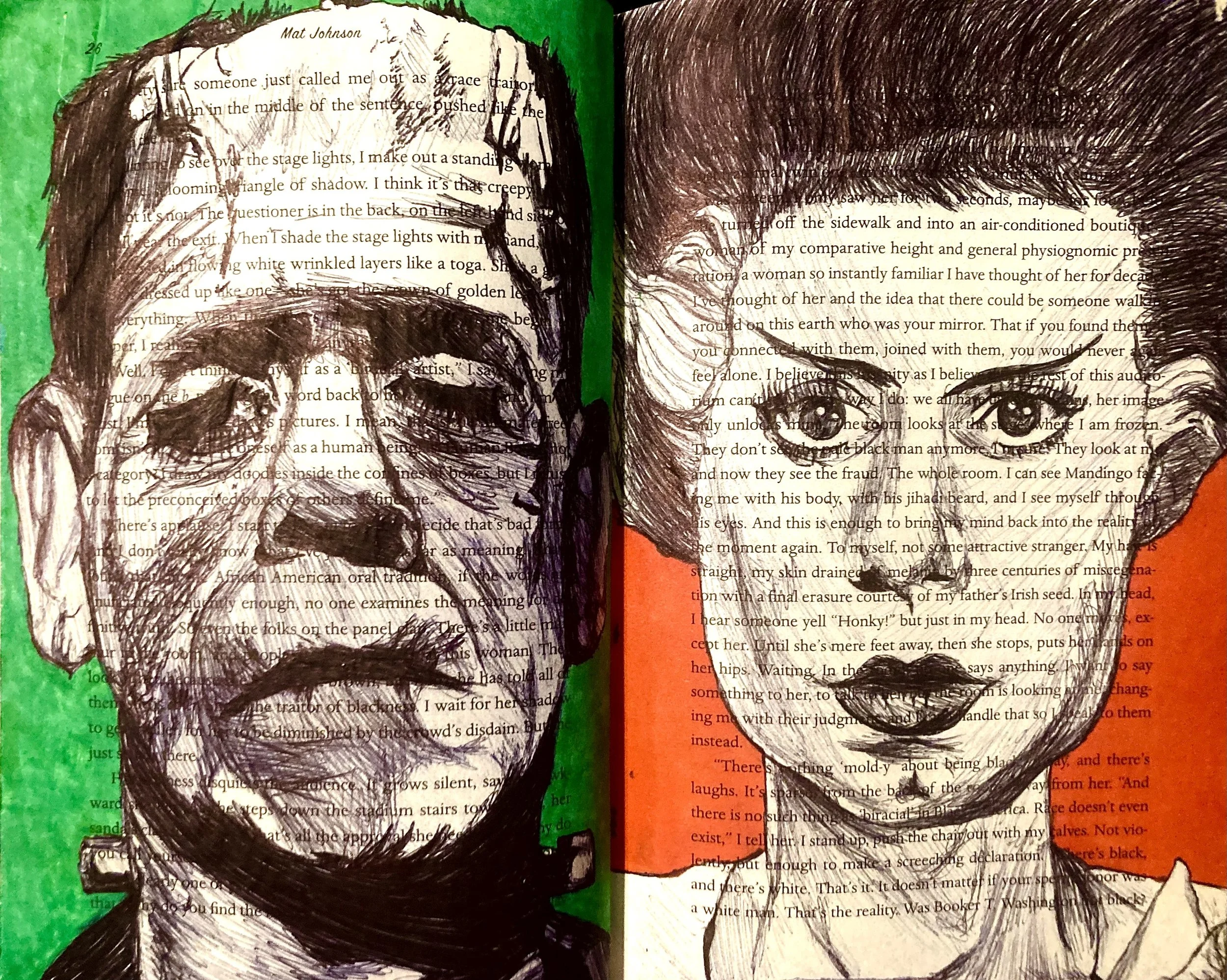 Week 2: Personal Choice- This week I had decided to draw Frankenstein's monster and his bride. I sketched the drawings using a pencil and then went over them with a ballpoint pen to add tonal values. I used alcohol markers for the background.