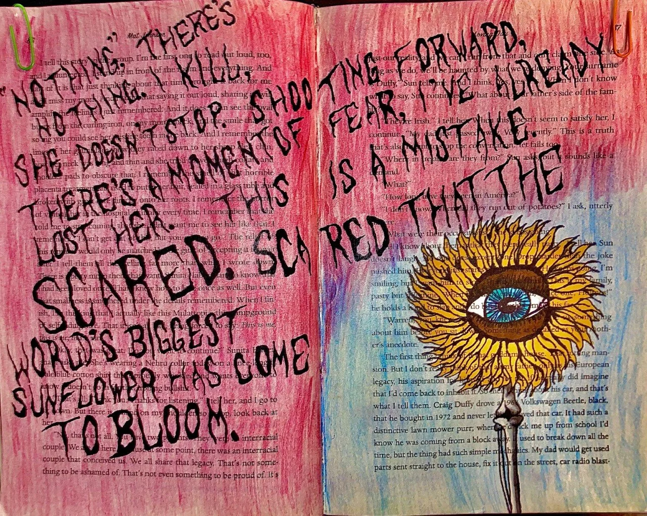 
Week 4: Poem- For this week we were required to create a poem utilizing words we found on the page, and then on the following page, make a drawing to represent that poem