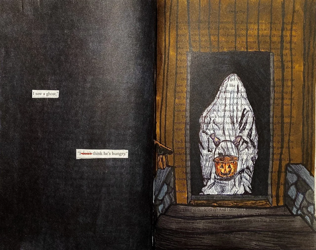 
Week 7: Personal Choice- This was around Halloween time so I decided to make my entry based on that. I used collage for the quotes on the left page, sharpie for a dark black color. The coloring on the right side is gel pen and alcohol marker, and fo
