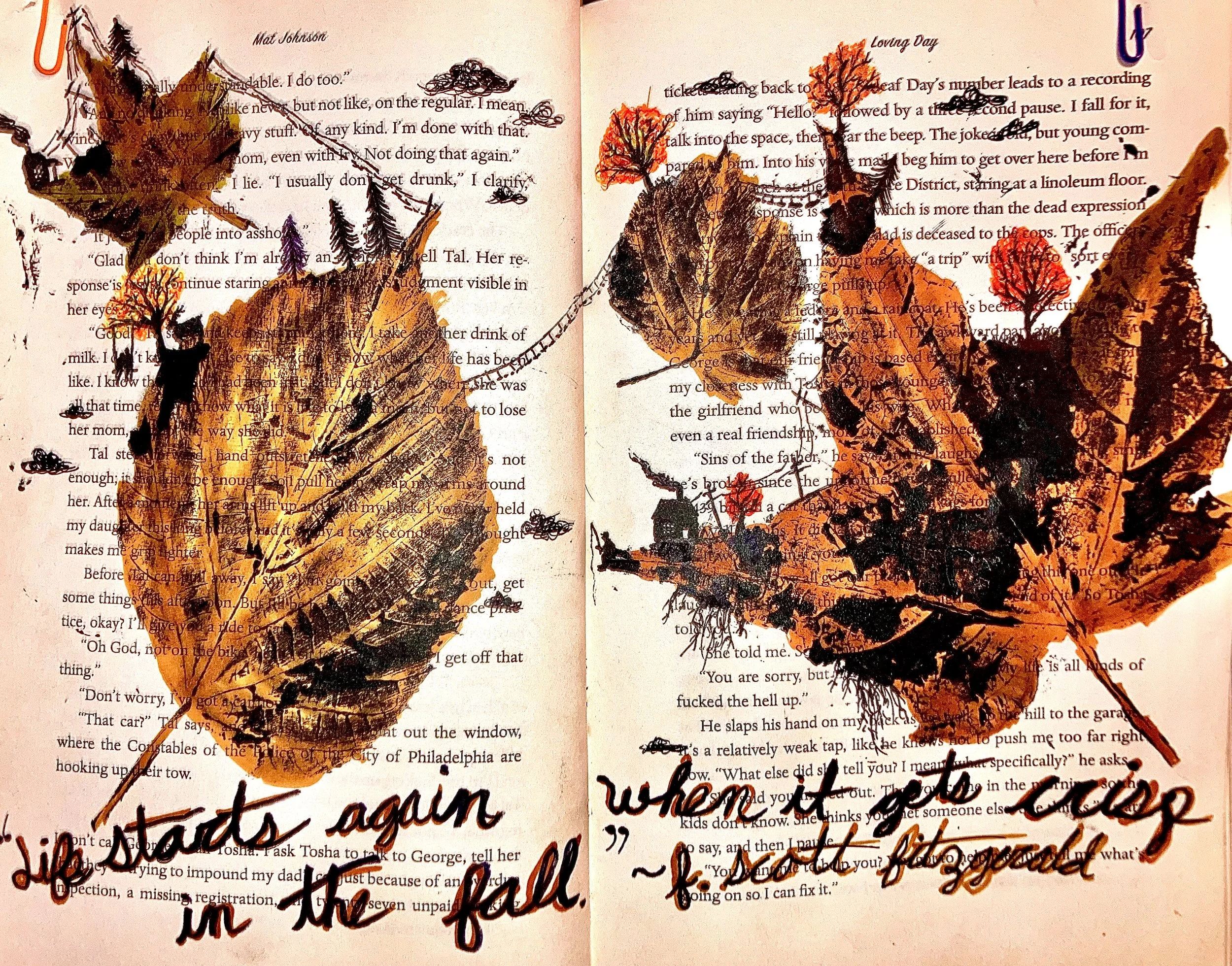 
Week 5: Autumn- This week, I used acrylic paint, leaves, gel pens, sharpie, and alcohol markers. I started by gathering a few leaves outside and then painting them black, using them as a stamp. After this, I colored the leaf impressions with alcohol